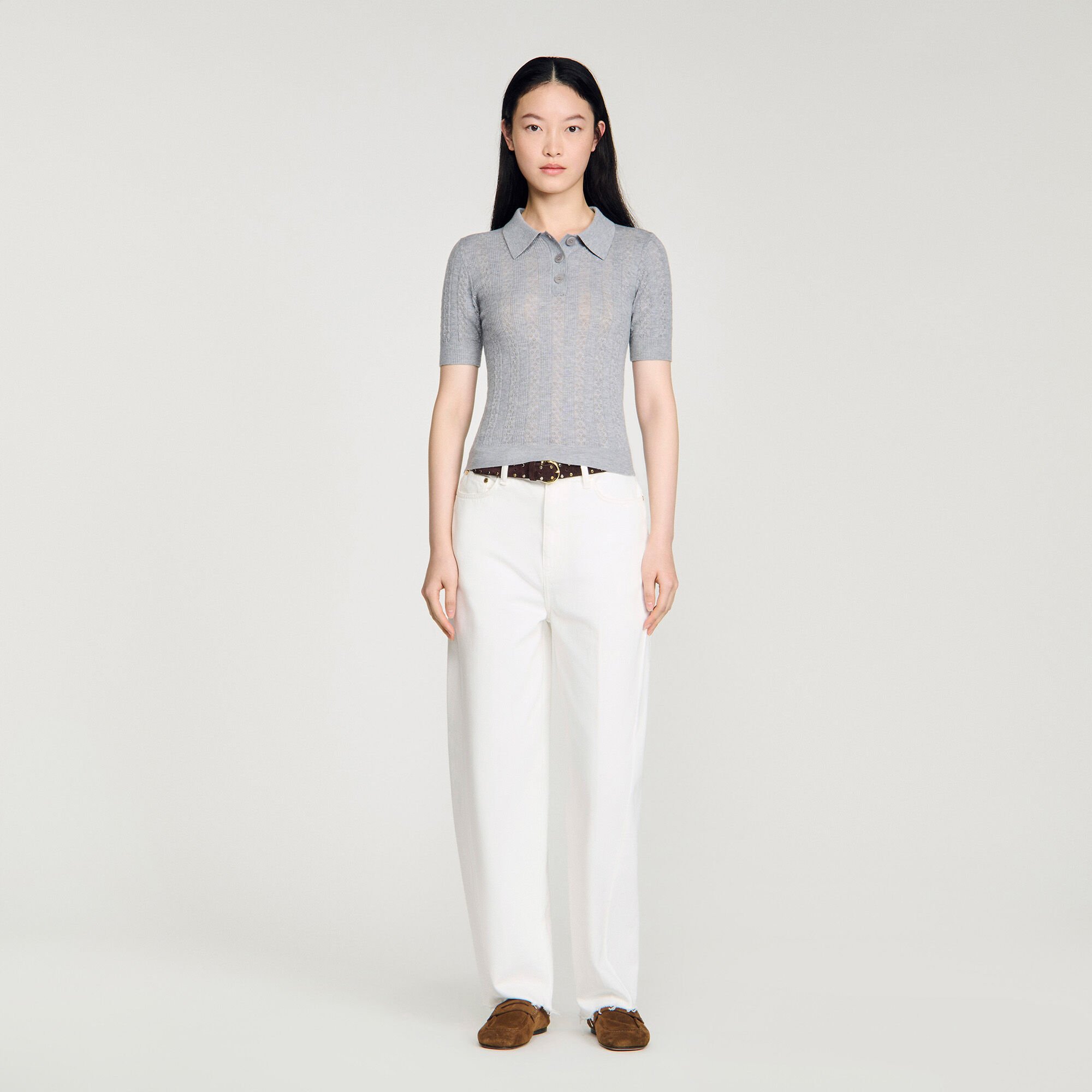 Pointelle polo-neck wool sweater