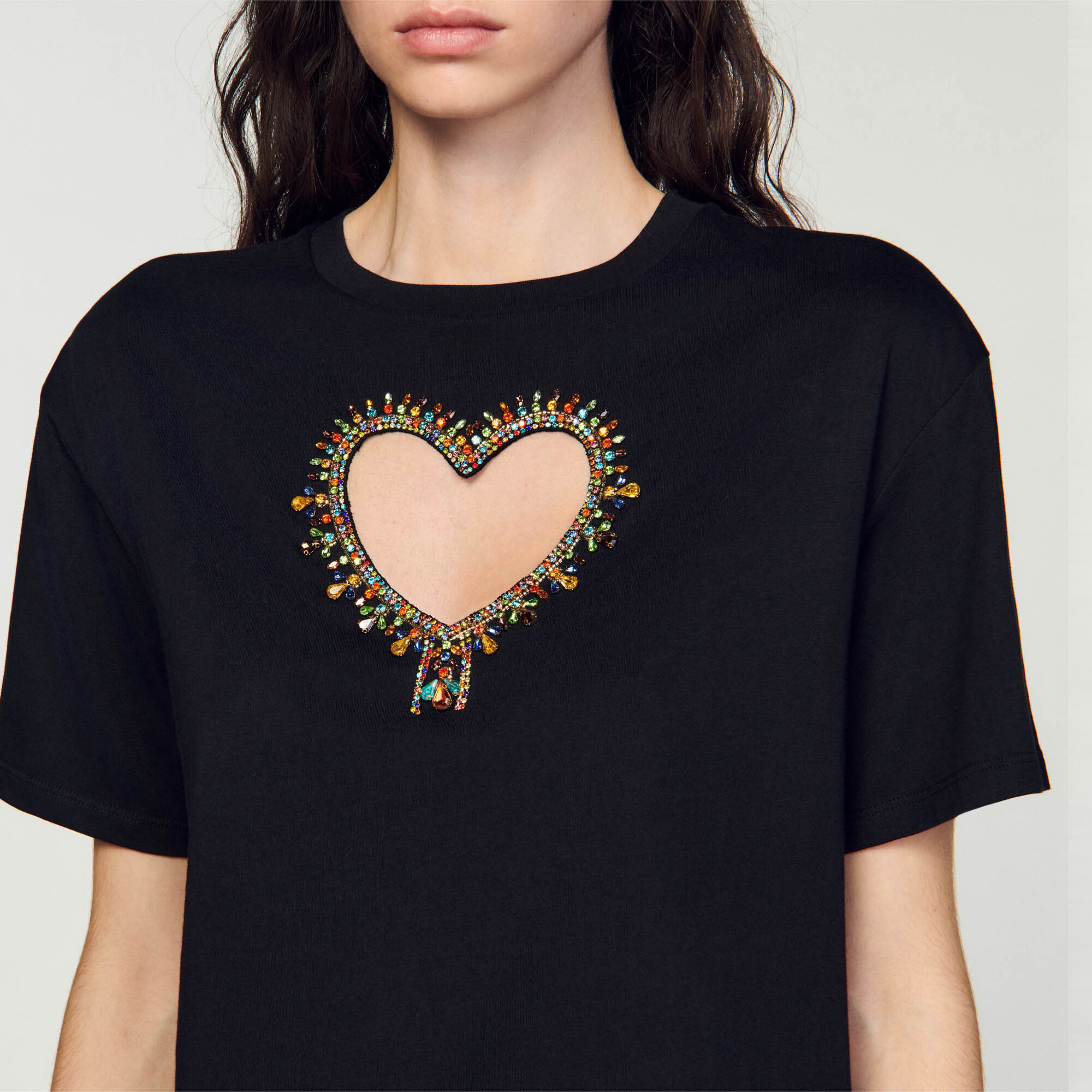 HTH Glitter Heart Logo Cropped Tee ブラック Heart T-shirt black / gray For Women | Sandro Paris