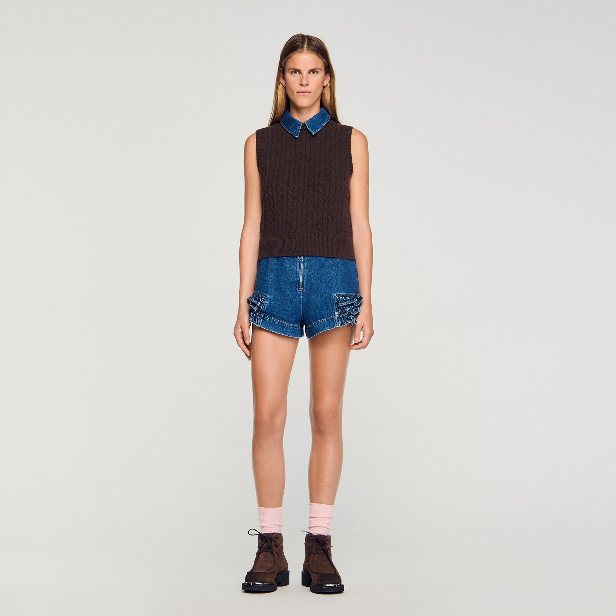 Knit sweater with removable denim collar