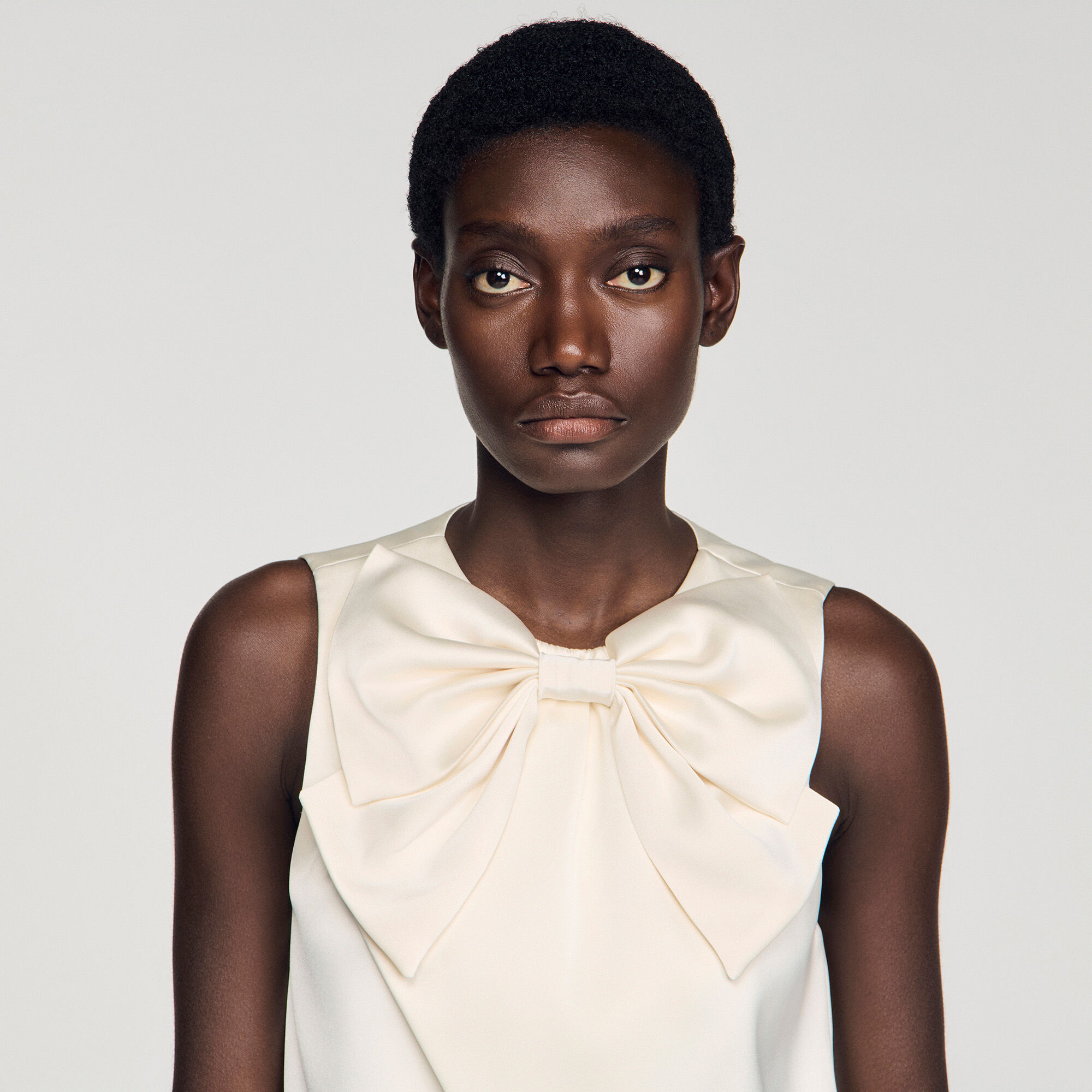 Satin bow crop top in Ecru for Women | Sandro Paris