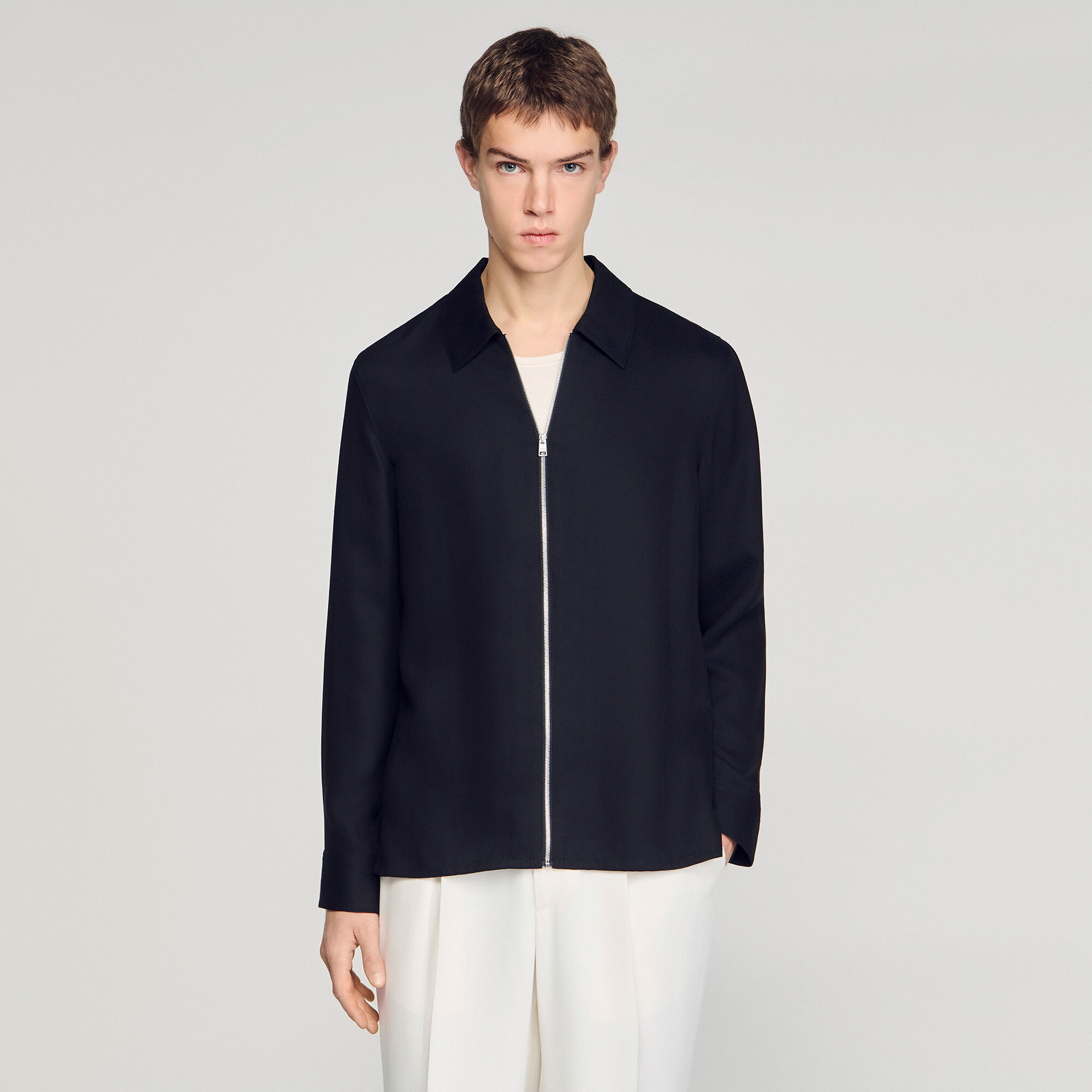 Loose-fit zip-up shirt in Black for Men | Sandro Paris