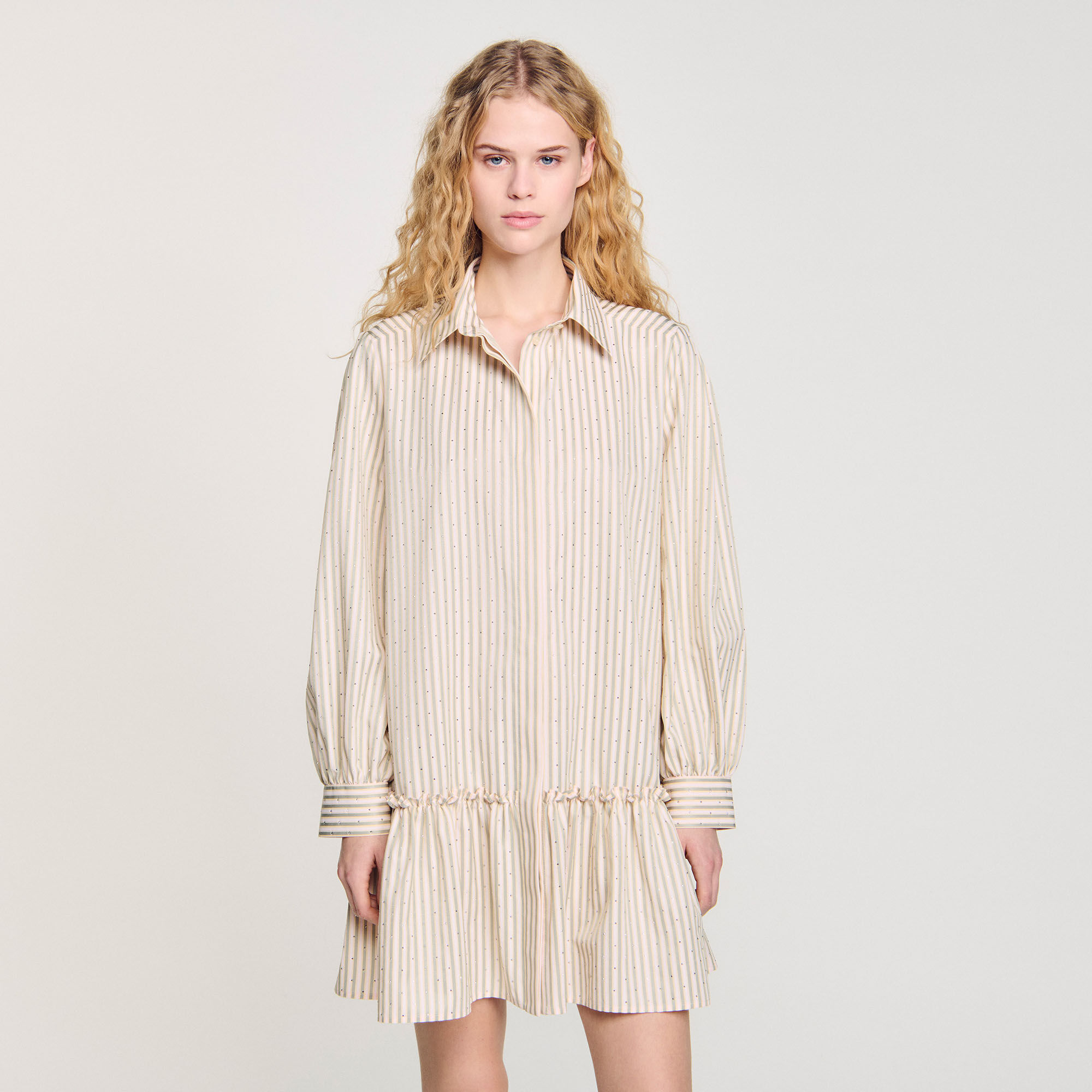 Rhinestone striped shirt dress pink For Women | Sandro Paris