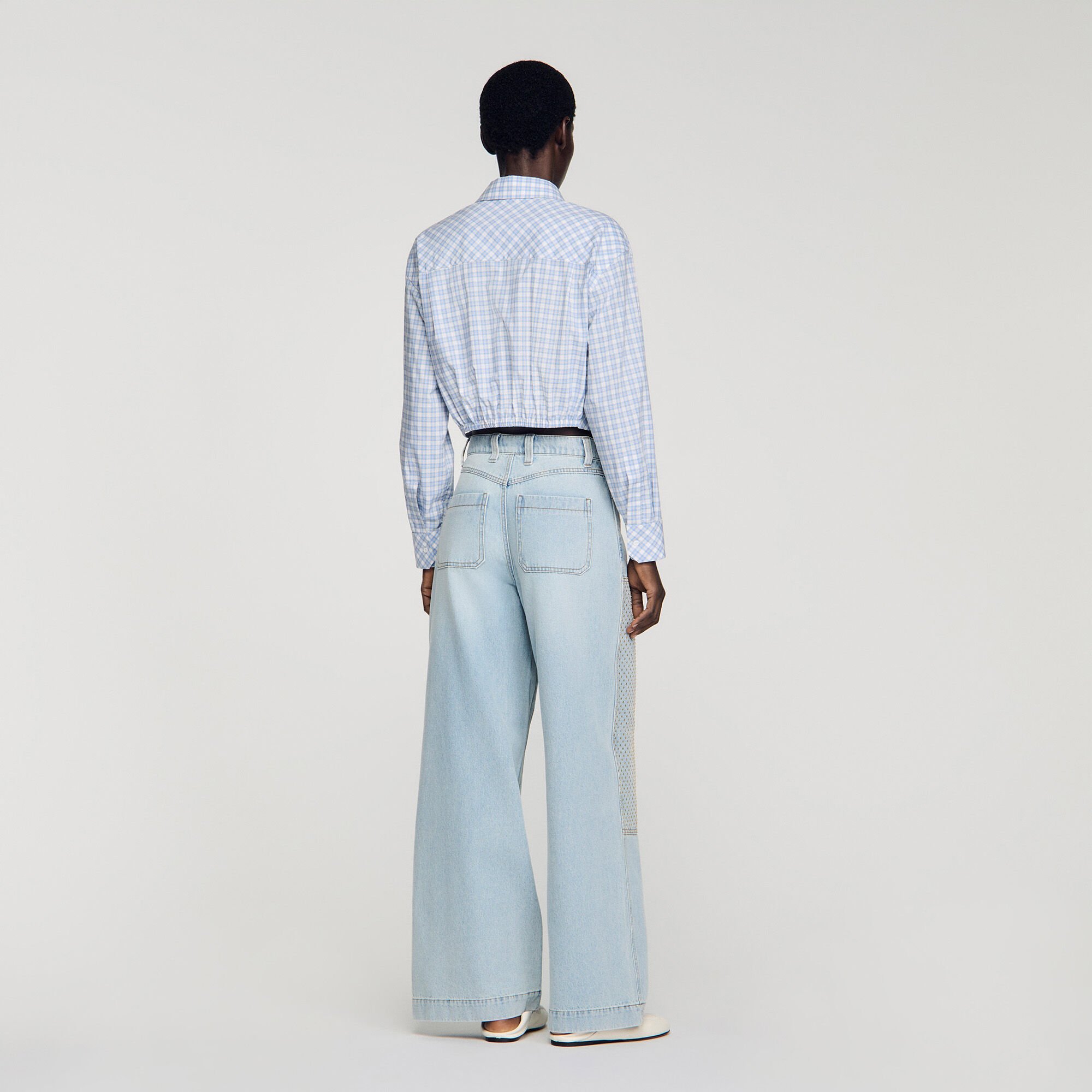 Faded straight crystal patch jeans