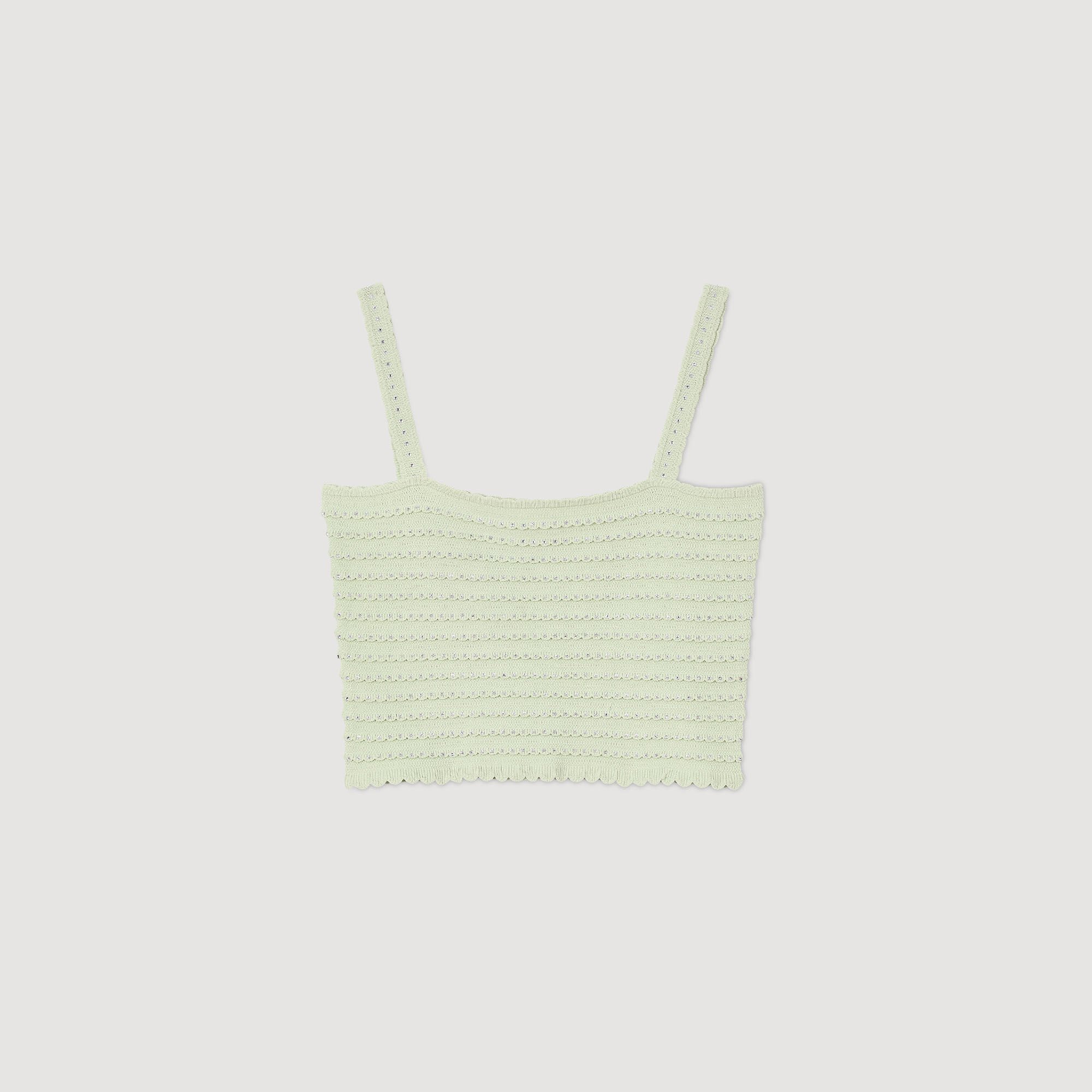Rhinestone knit crop top green For Women | Sandro Paris