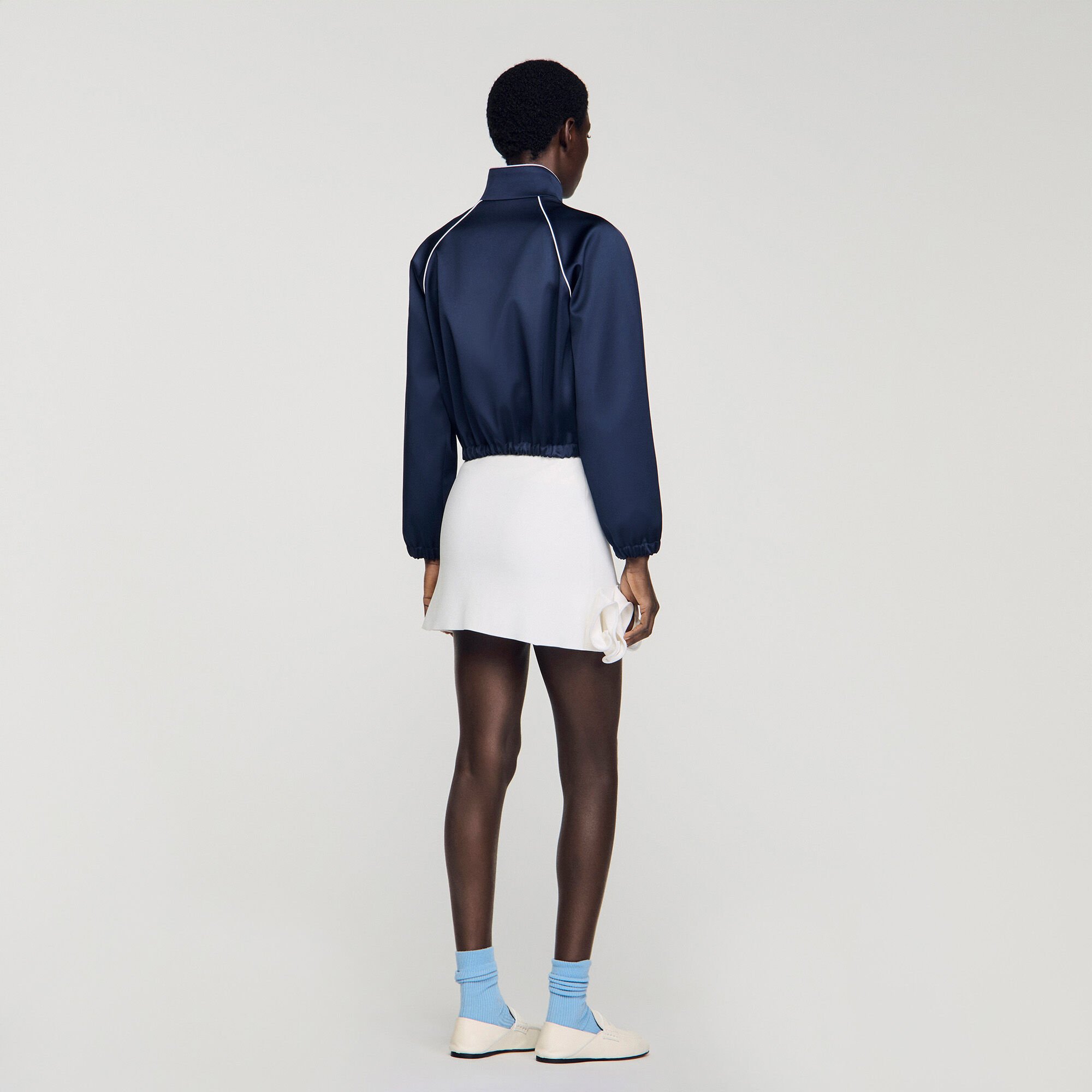 Embroidered cropped satin jacket blue For Women | Sandro Paris