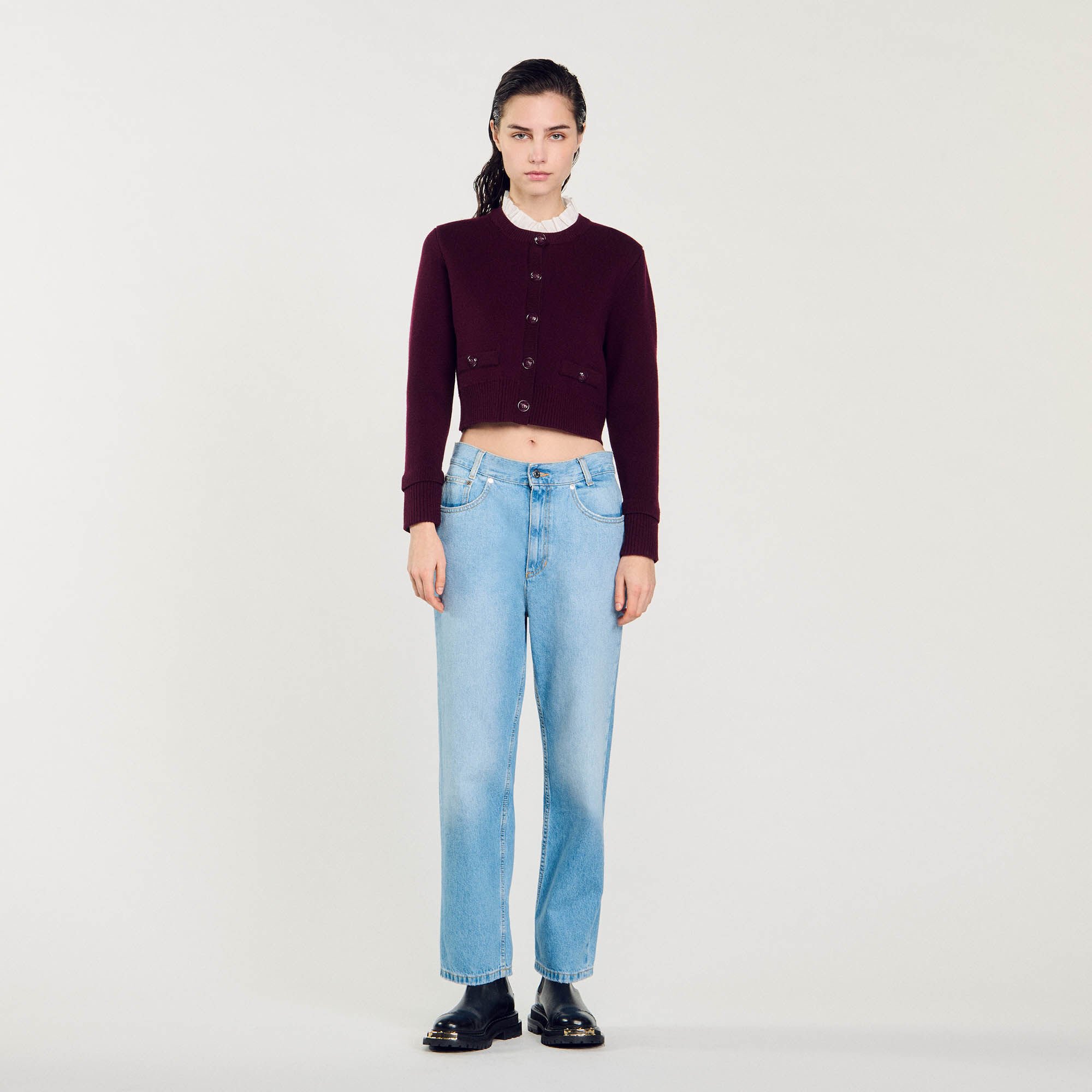 Knit cardigan with ruffled collar