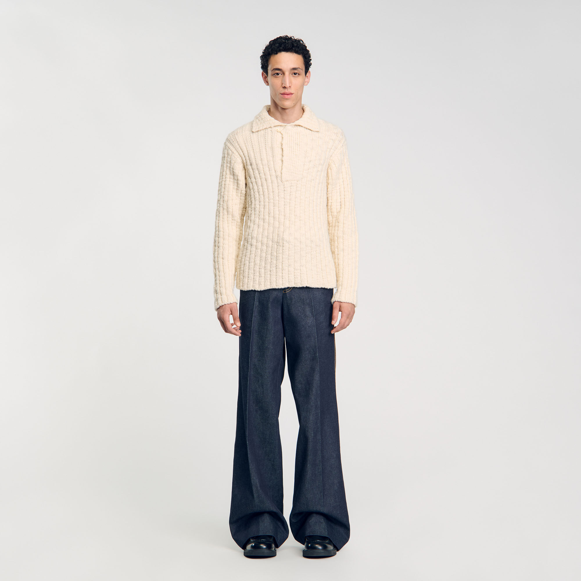 Chunky knit polo neck jumper white beige for Men Sandro Paris