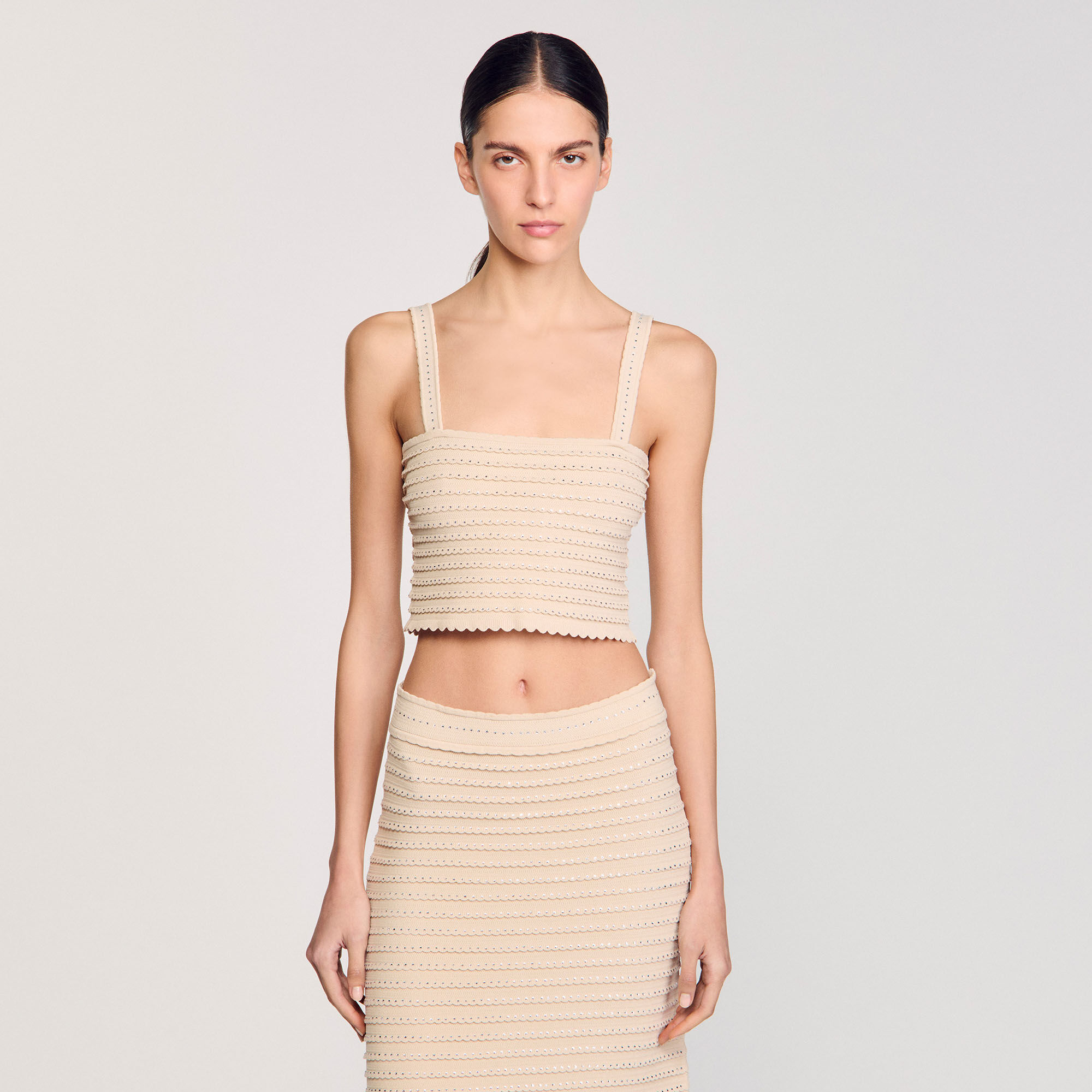 Rhinestone knit crop top white / beige For Women | Sandro Paris