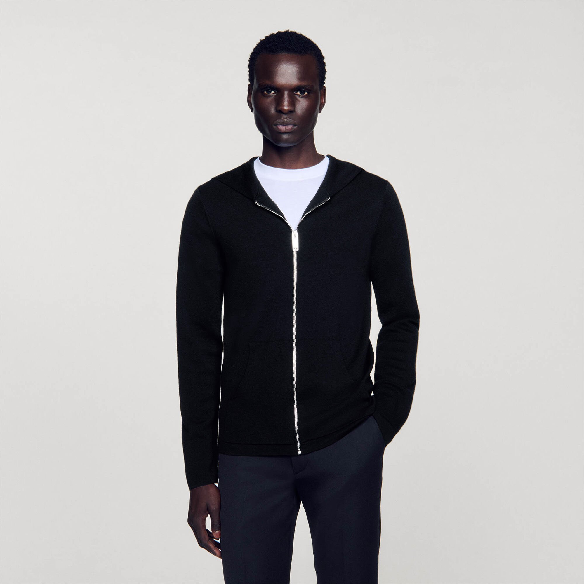 Zipped cardigan with hood black / gray for Men | Sandro Paris