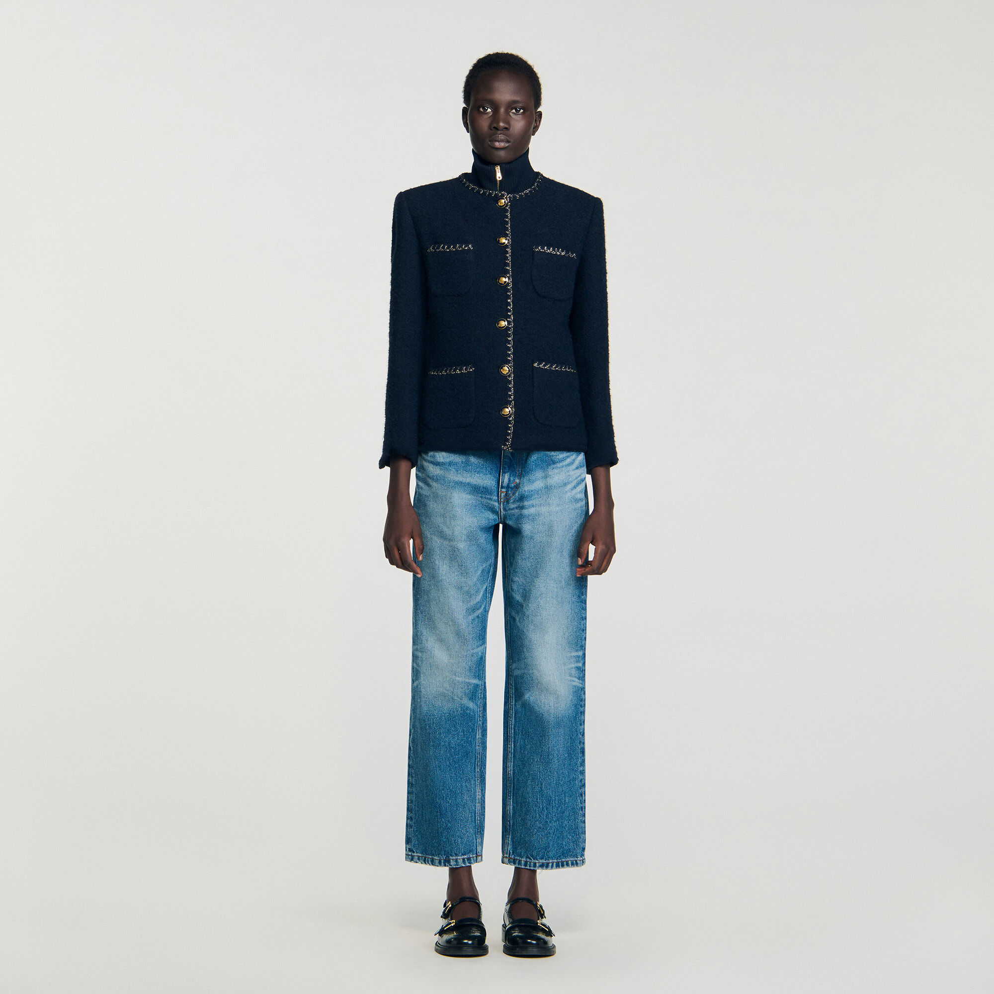 Tweed jacket with removable collar blue For Women | Sandro Paris