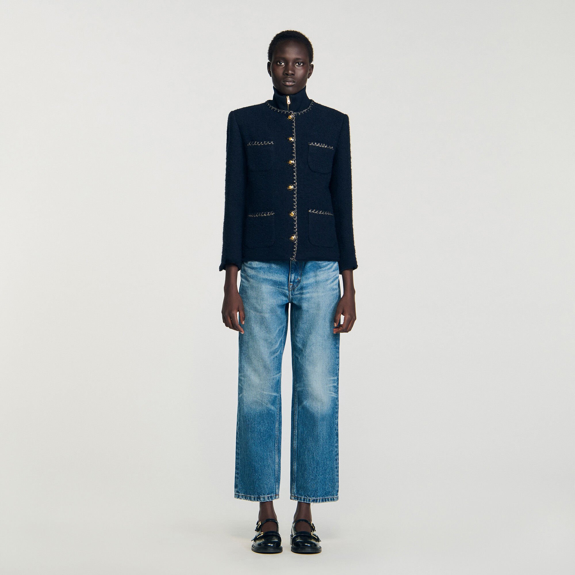 Tweed jacket with removable collar