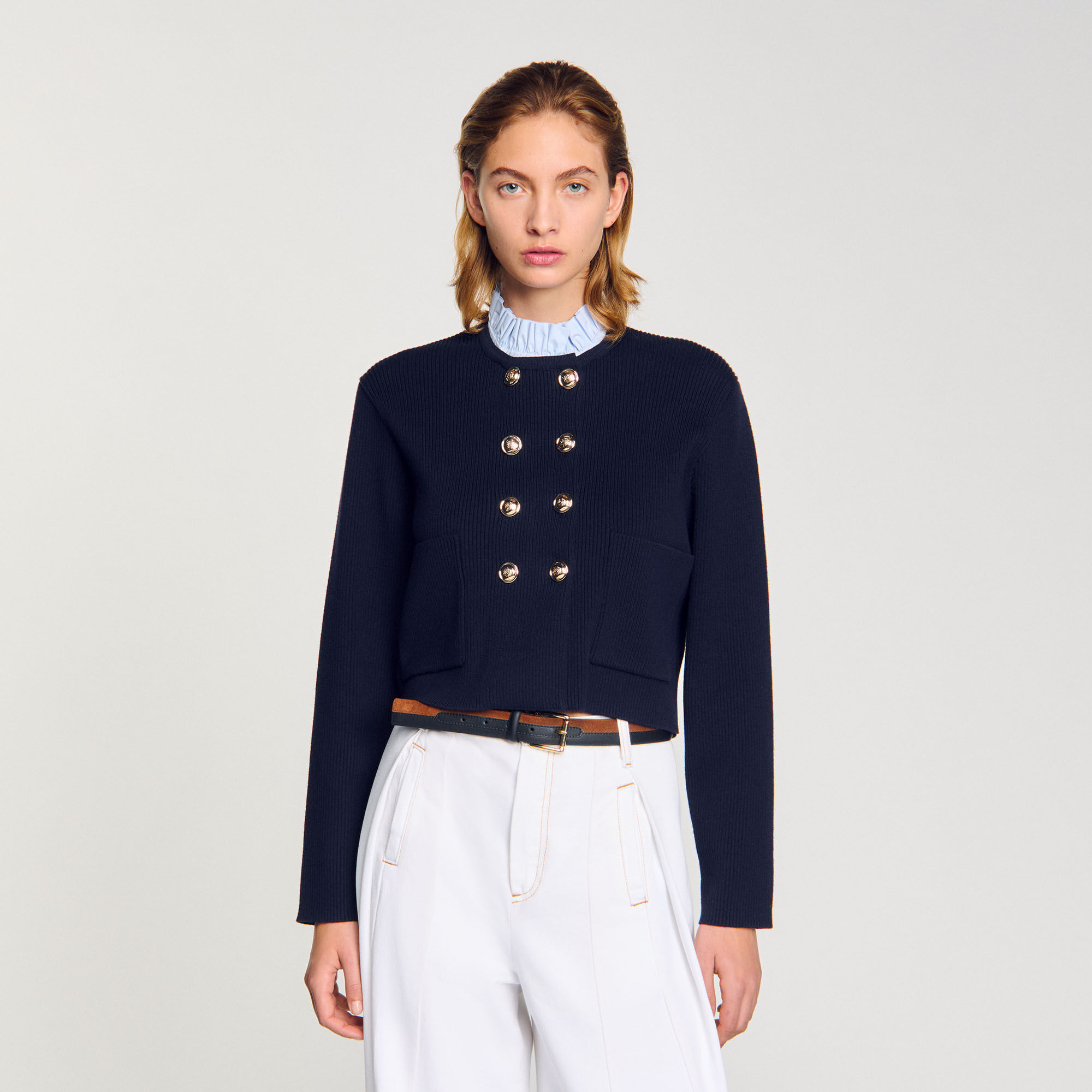 Cardigan with removable ruffled collar blue For Women