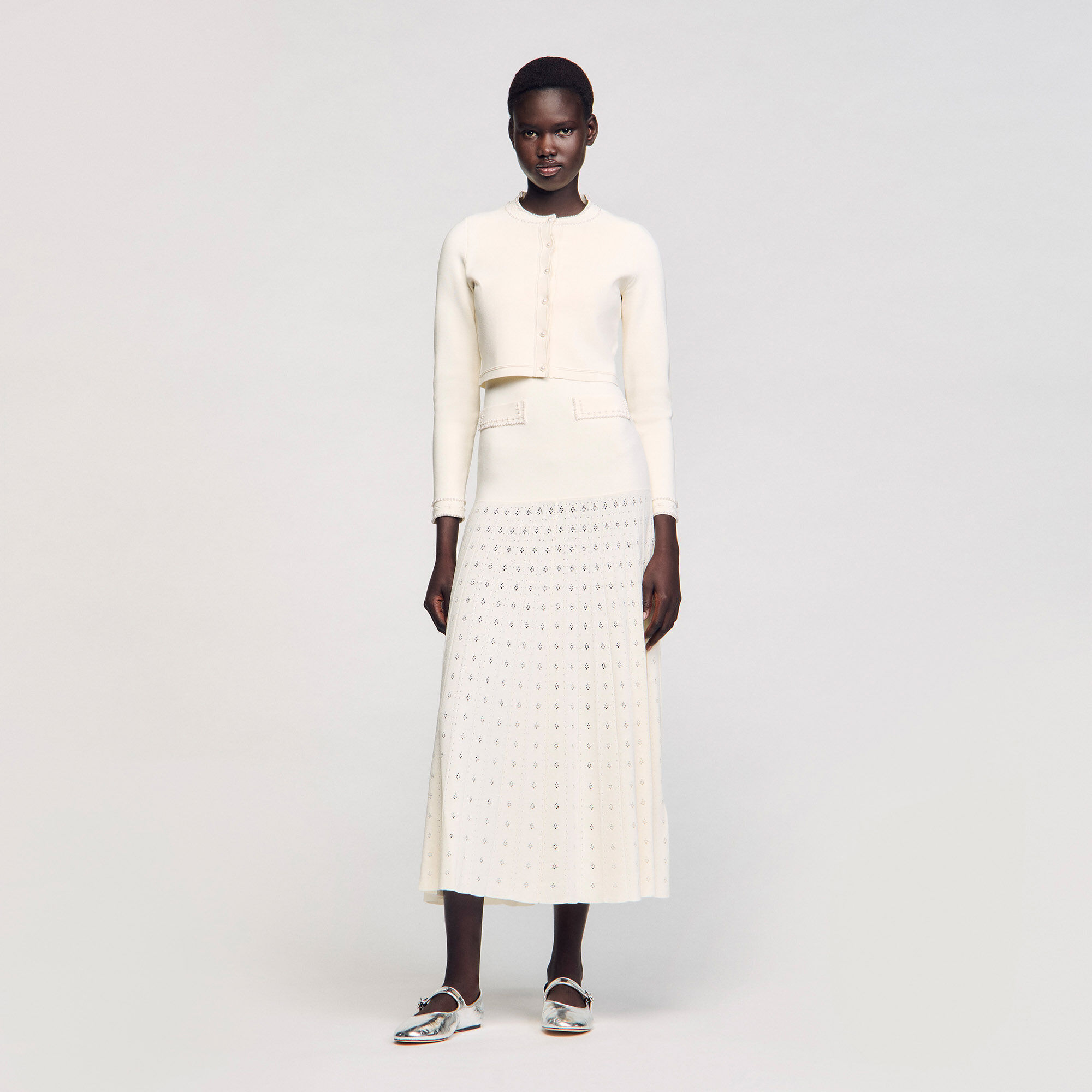 【海外限定】Sandroスカート☆Button-Embellished Pleated Stret Sandro Rhinestone Striped Pleated Skirt | Saks Fifth Avenue