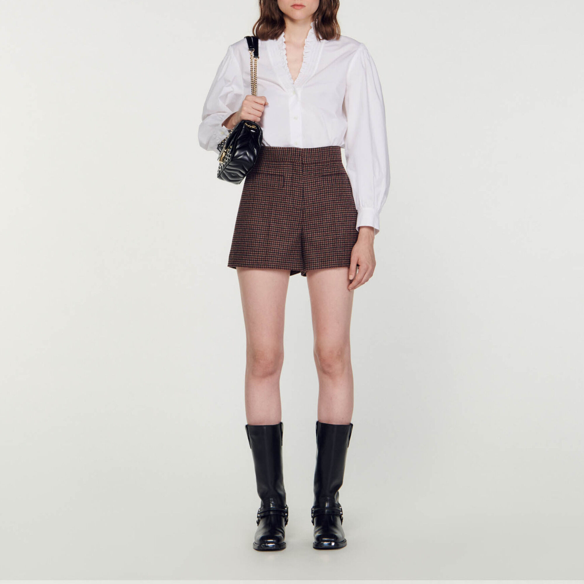 SANDRO ツイード ショートパンツ ハウンドトゥースチェック Houndstooth shorts brown For Women | Sandro Paris