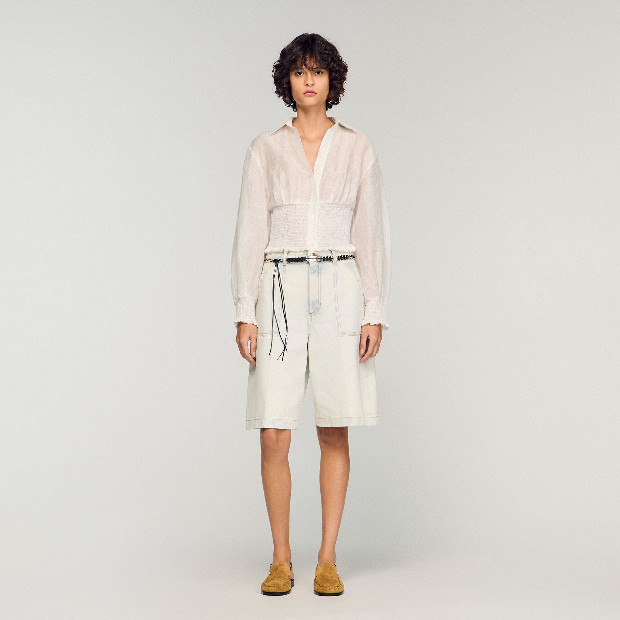Smocked linen shirt in white for Women | Sandro Paris