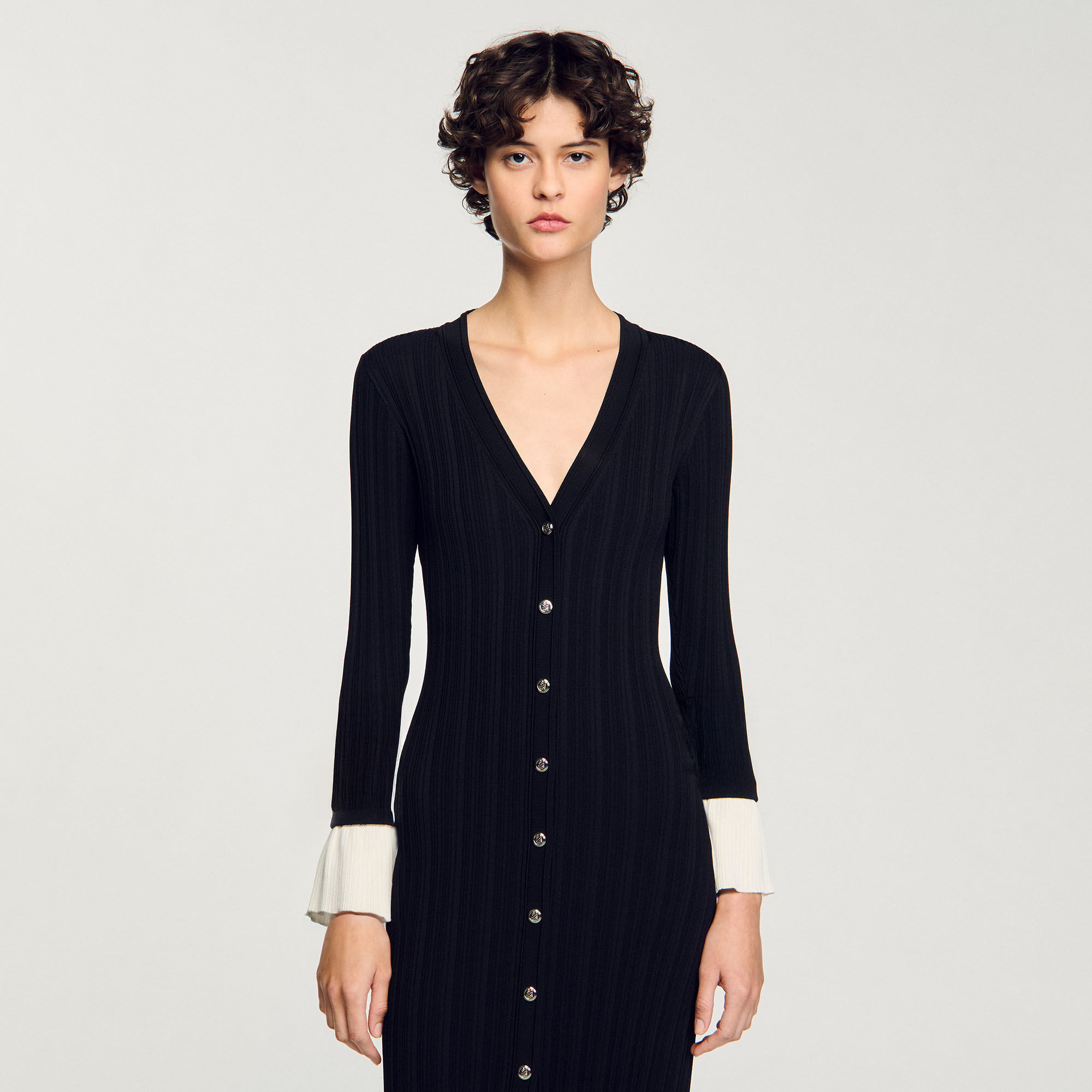 Two-tone knit maxi dress black / gray For Women | Sandro Paris Two-tone knit maxi dress black / gray For Women | Sandro Paris