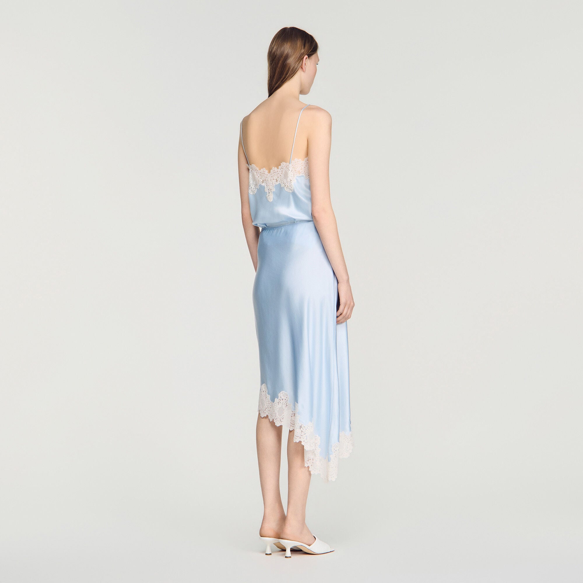 Asymmetrical satin skirt with lace