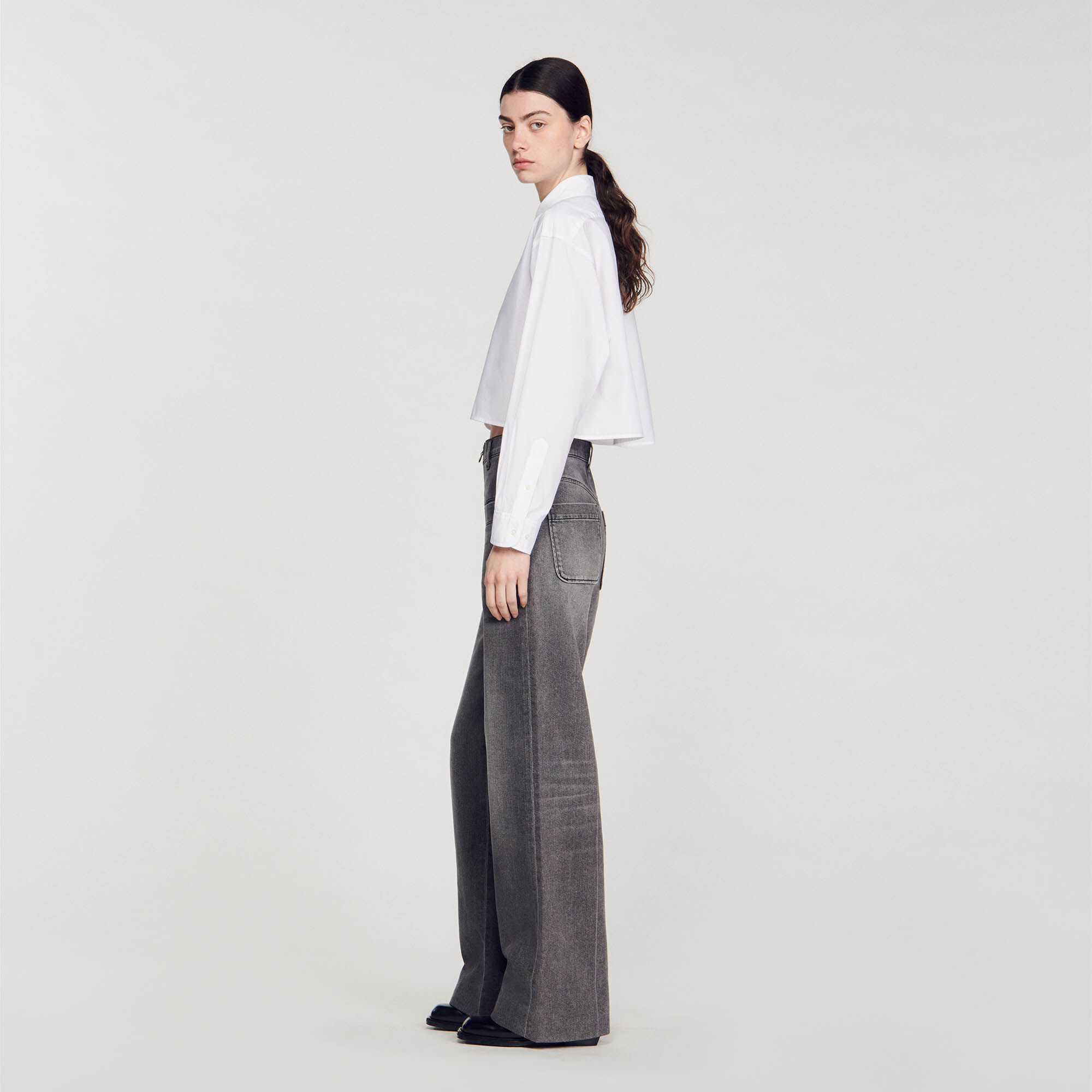 Cropped poplin shirt white / beige For Women | Sandro Paris