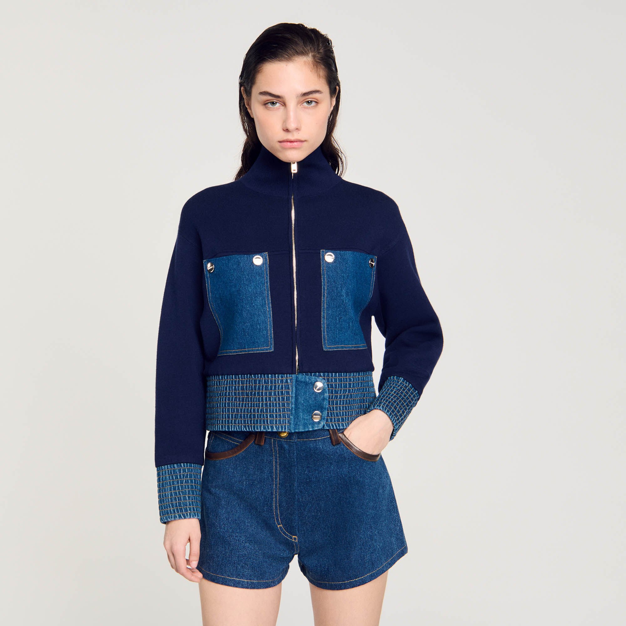 Knit and denim coatigan