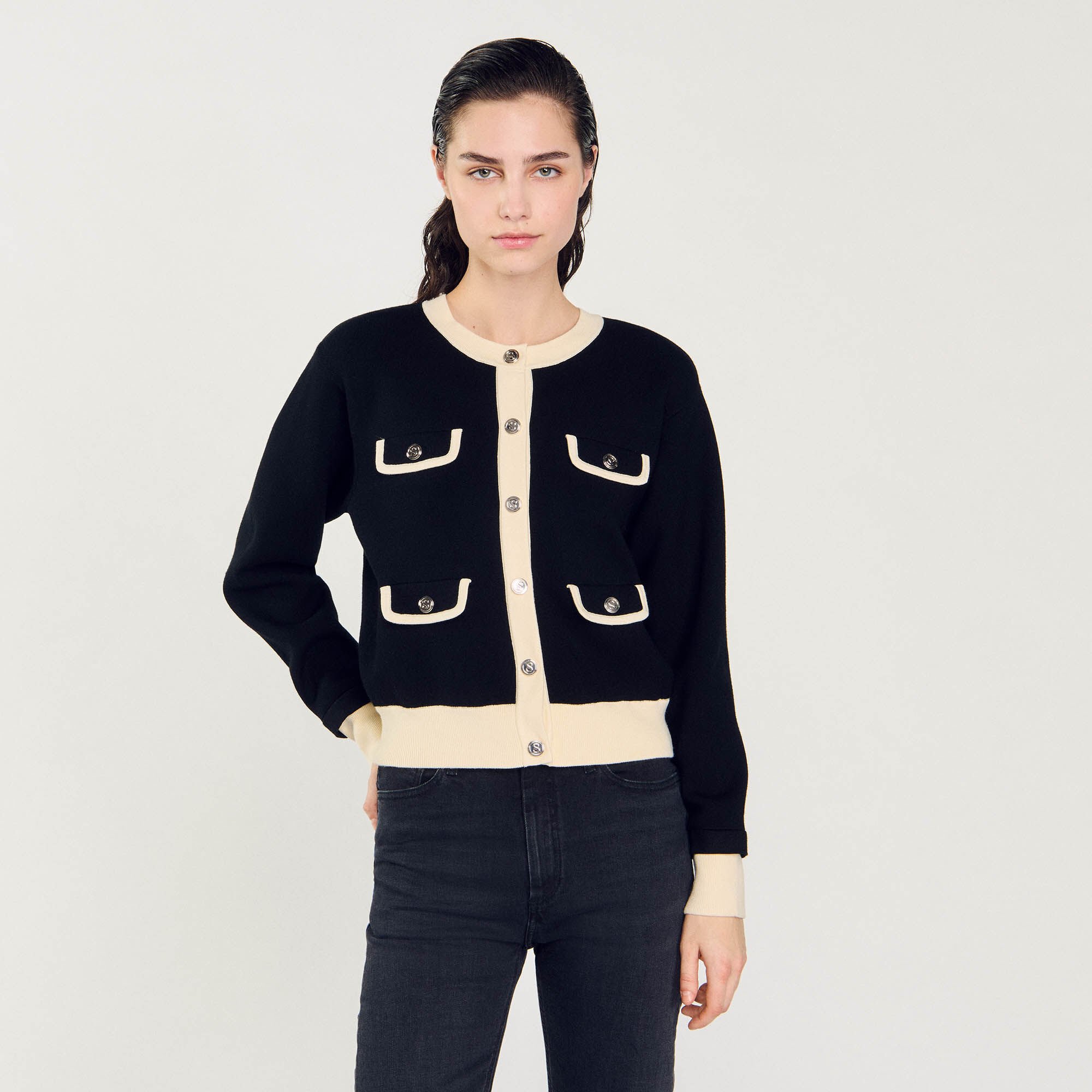 Two-tone cardigan with buttons black / gray For Women Two-tone cardigan with buttons black / gray For Women