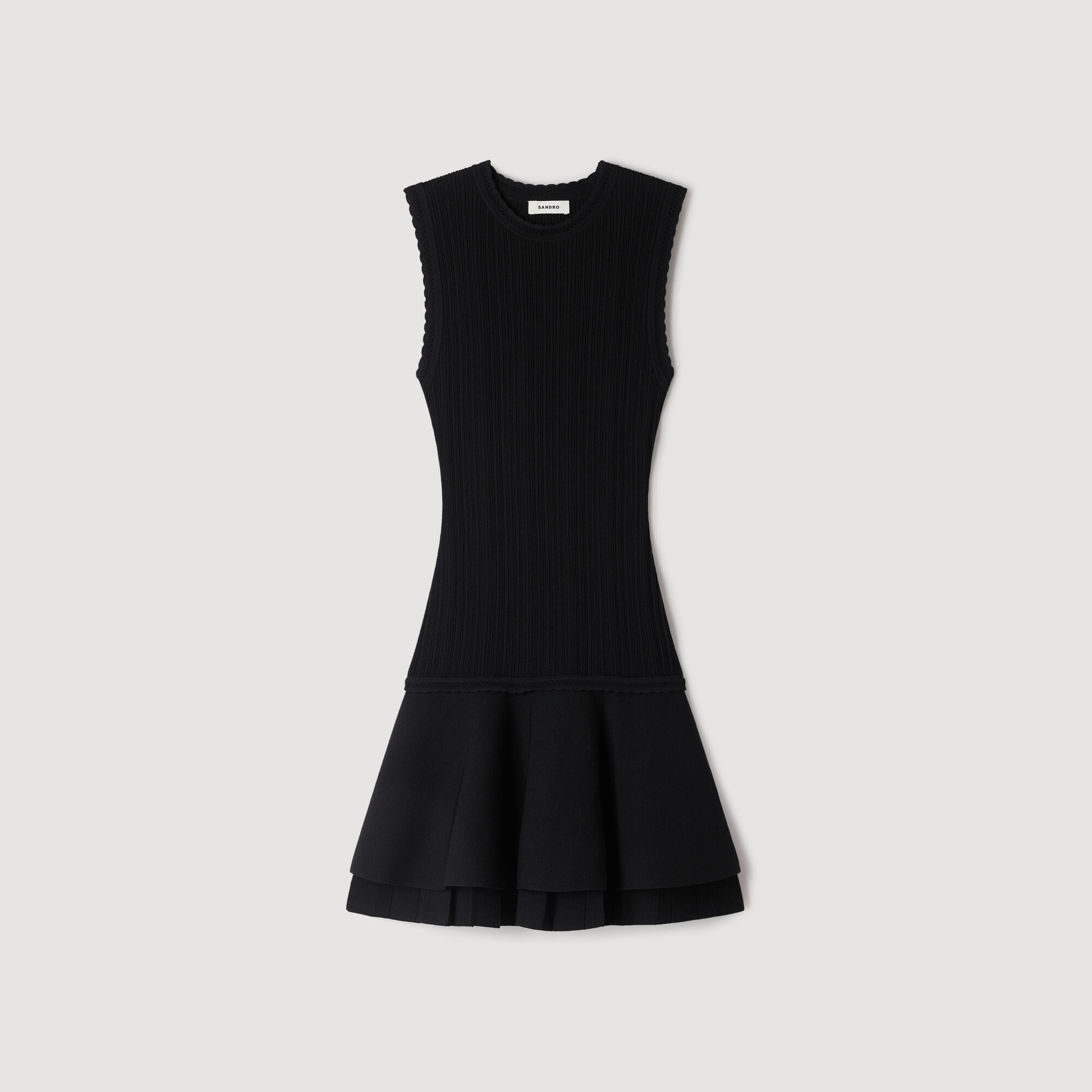 SANDRO ニットミニワンピース ブラック Mini knit dress with ruffles in Black for Women | Sandro Paris