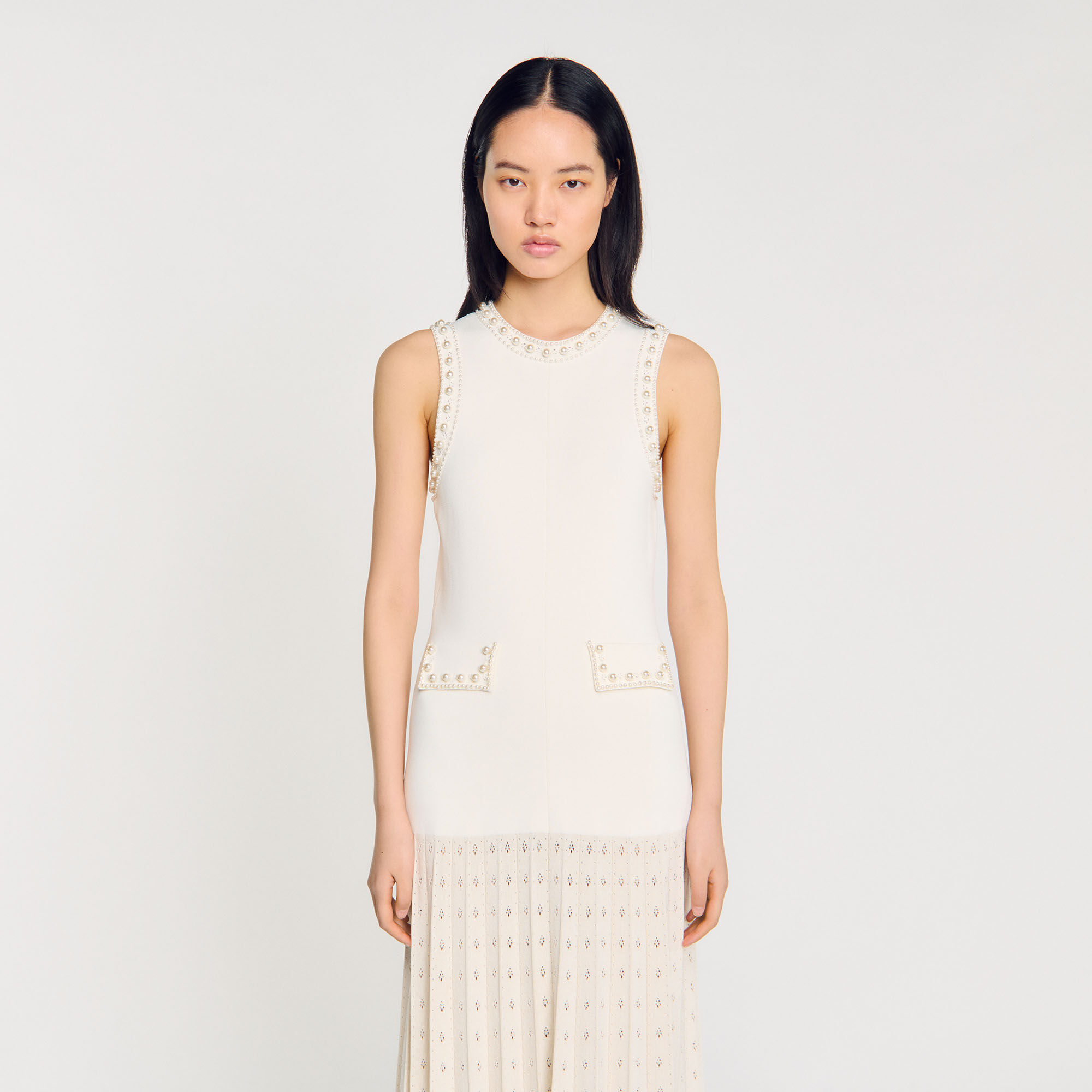 Pearl bead knit maxi dress white / beige For Women | Sandro