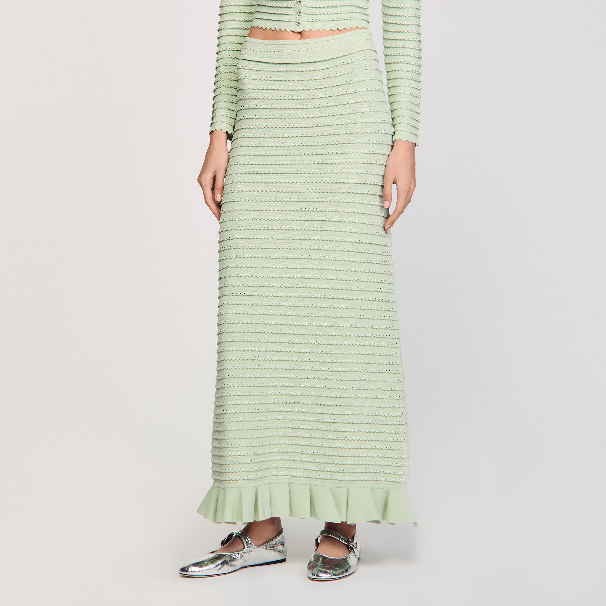 Rhinestone knit maxi skirt green For Women | Sandro Paris
