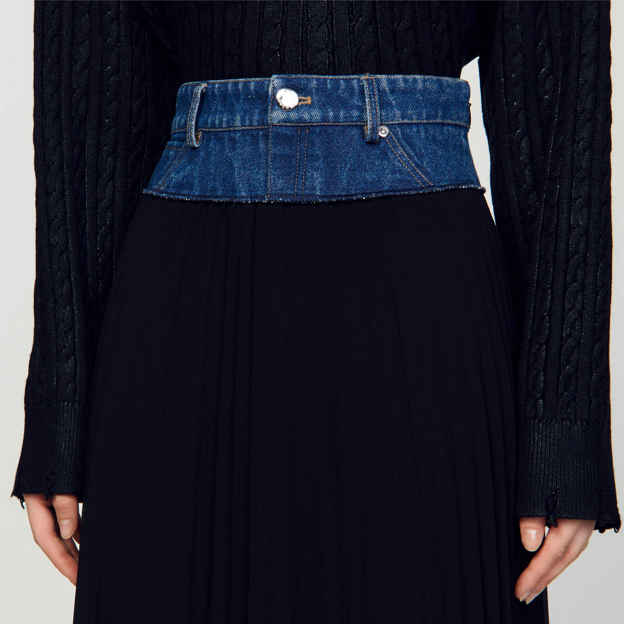 Long pleated denim skirt