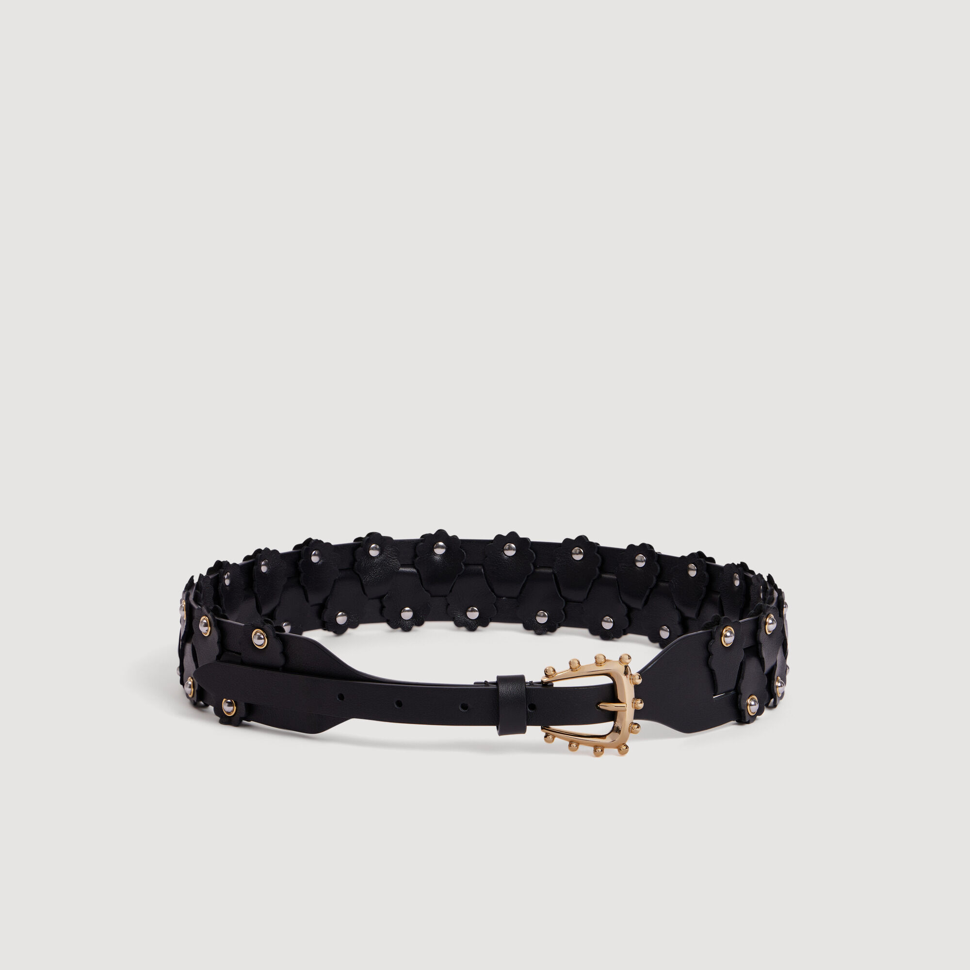 Interlaced leather belt with studs