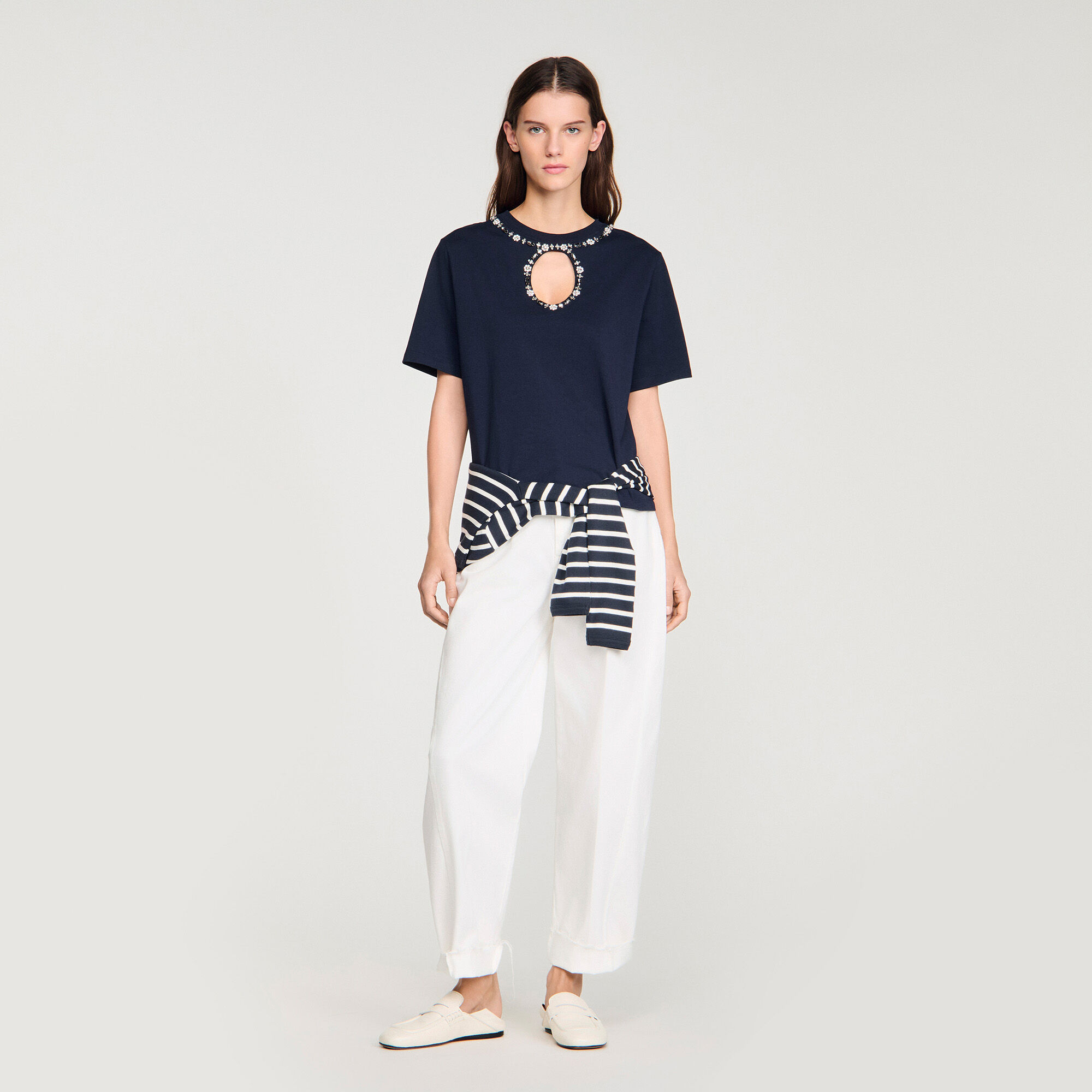 Rhinestone openwork T-shirt in Navy Blue for Women | Sandro Paris