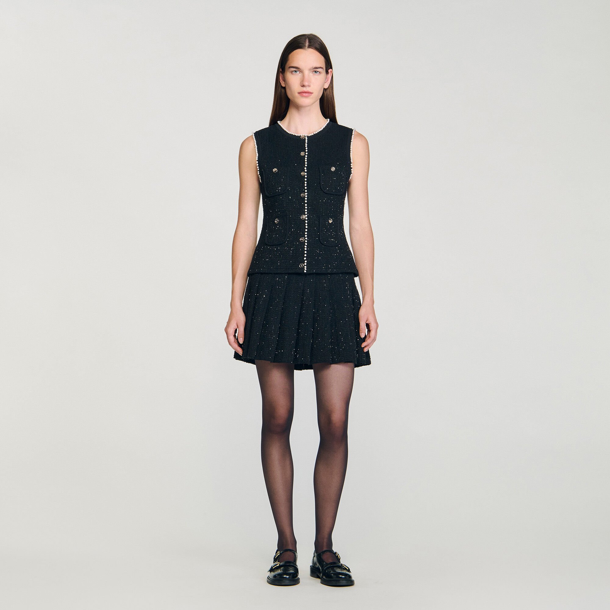 Embellished tweed vest top