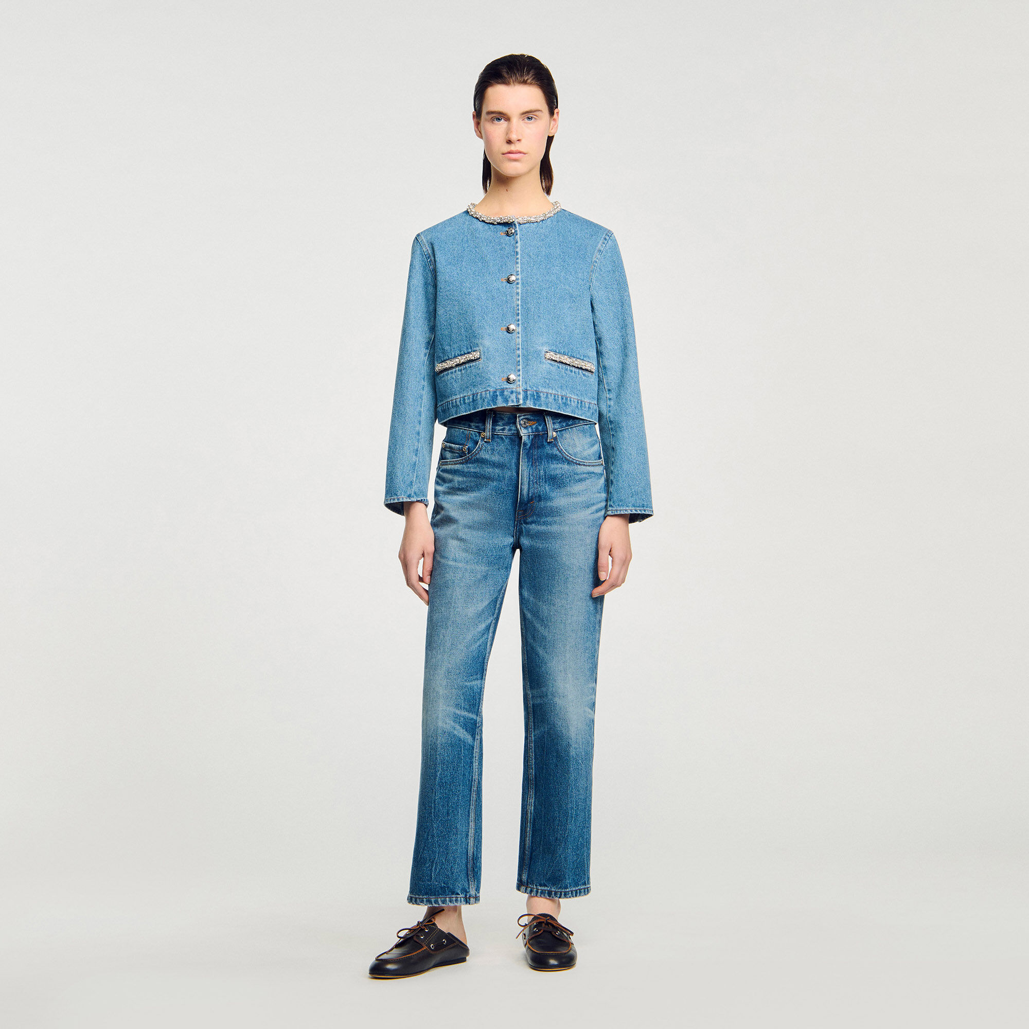 Rhinestone denim jacket blue For Women | Sandro Paris