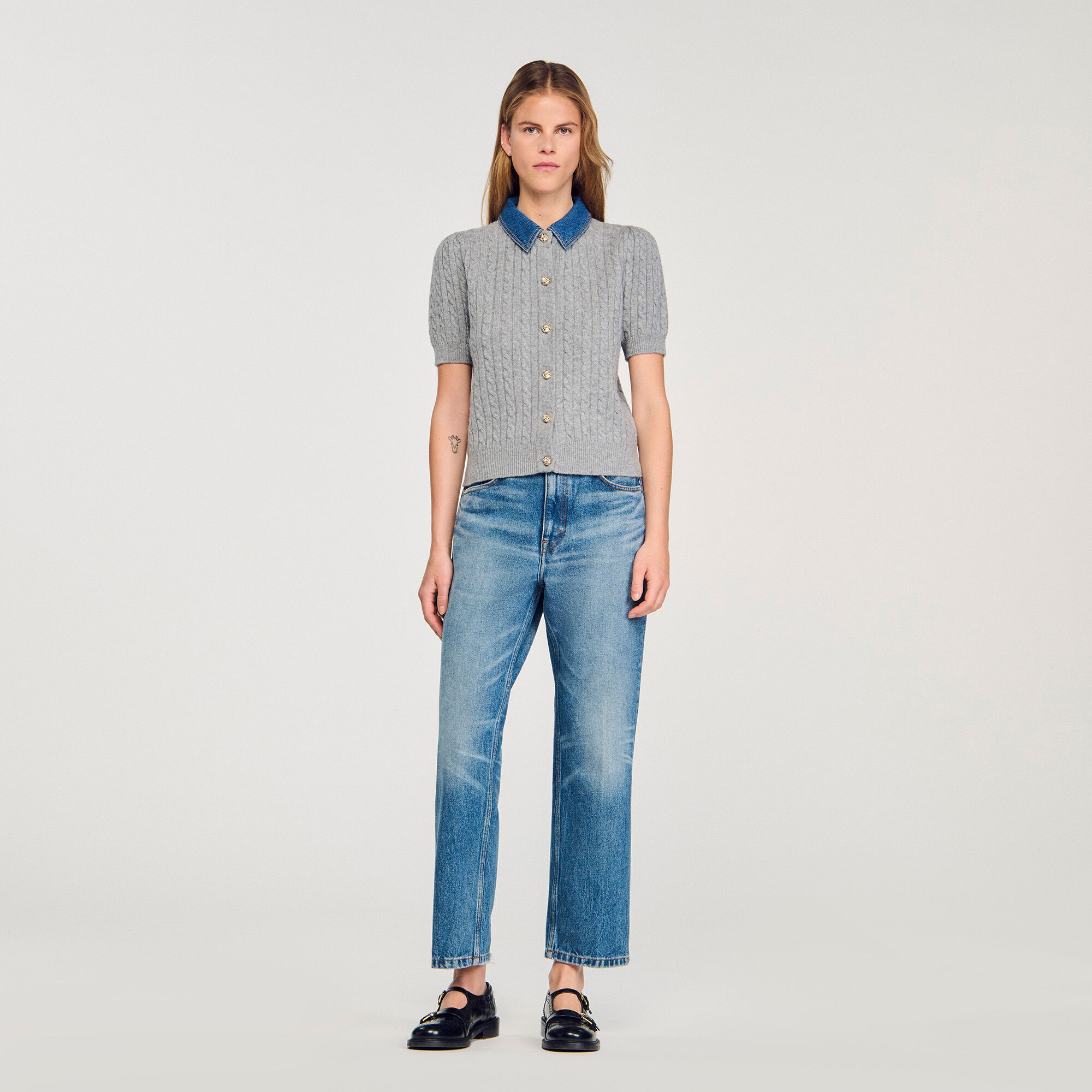Cardigan with denim collar