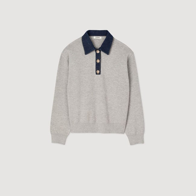 Sweater with denim collar