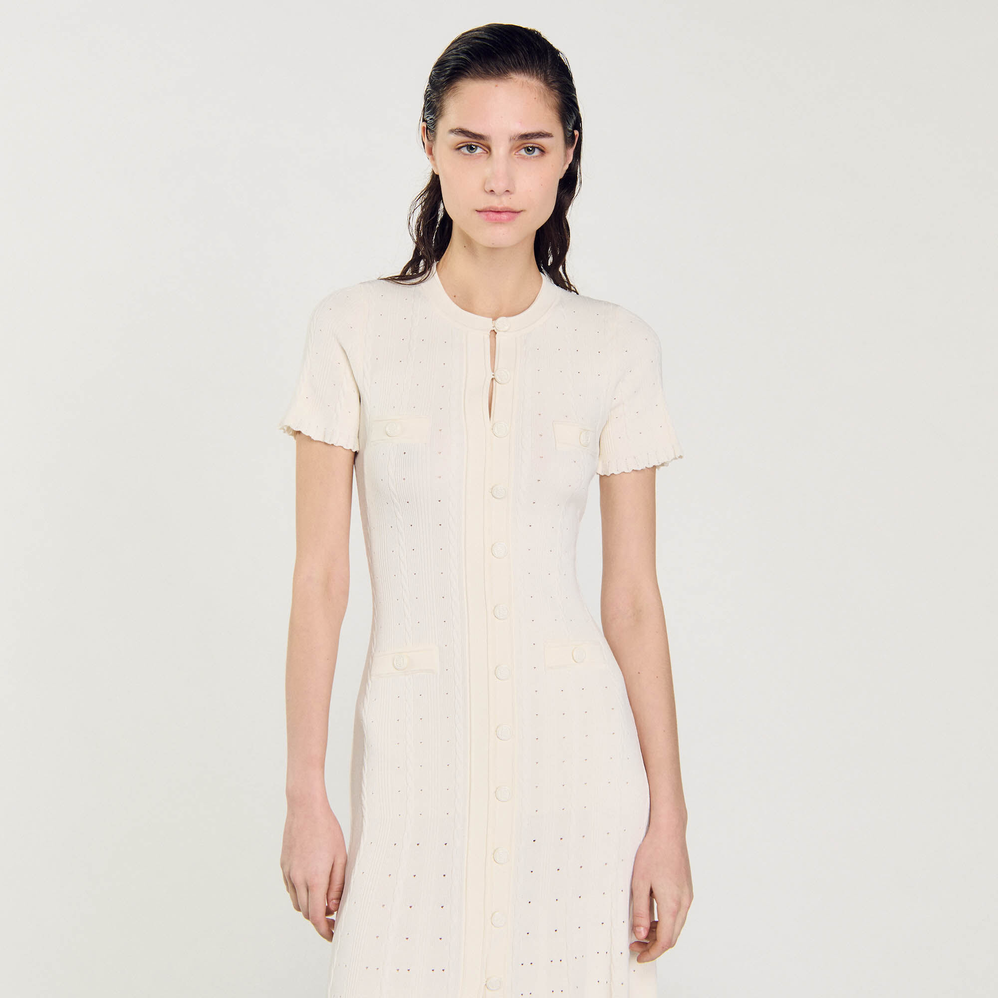 ❤️25新作 ♡ Sandro 白ニット膝丈ワンピース 新品♡ 589