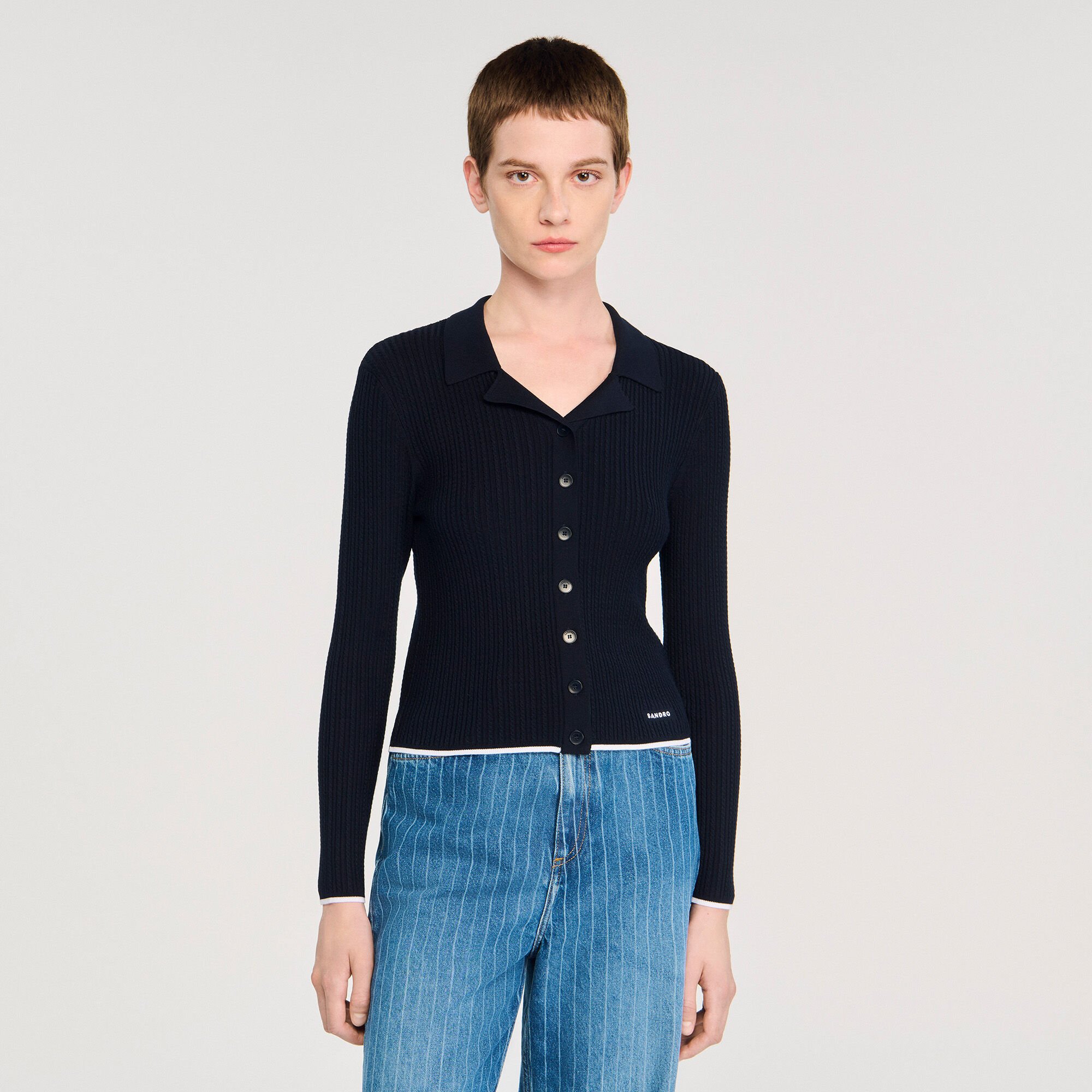 Cropped polo collar cardigan