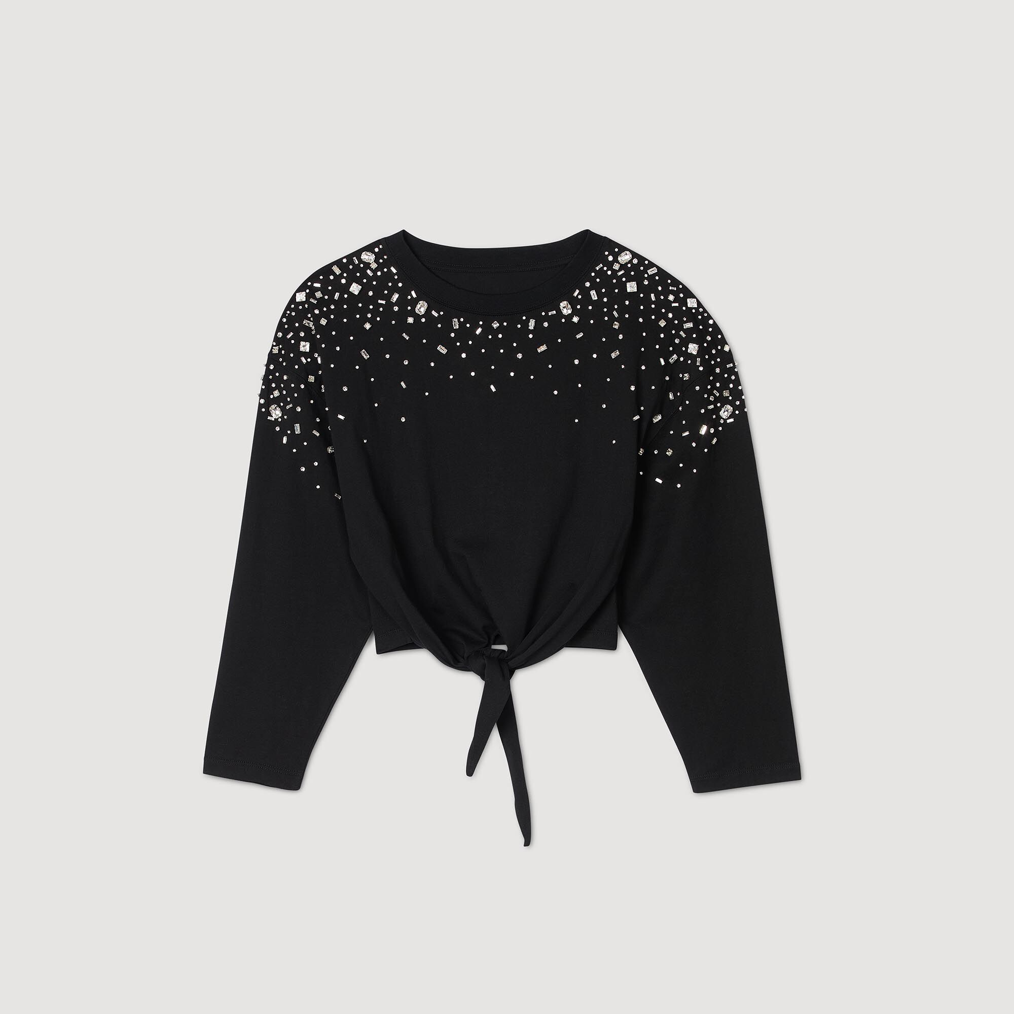 Rhinestone tie-front T-shirt black / gray For Women | Sandro Rhinestone tie-front T-shirt black / gray For Women | Sandro