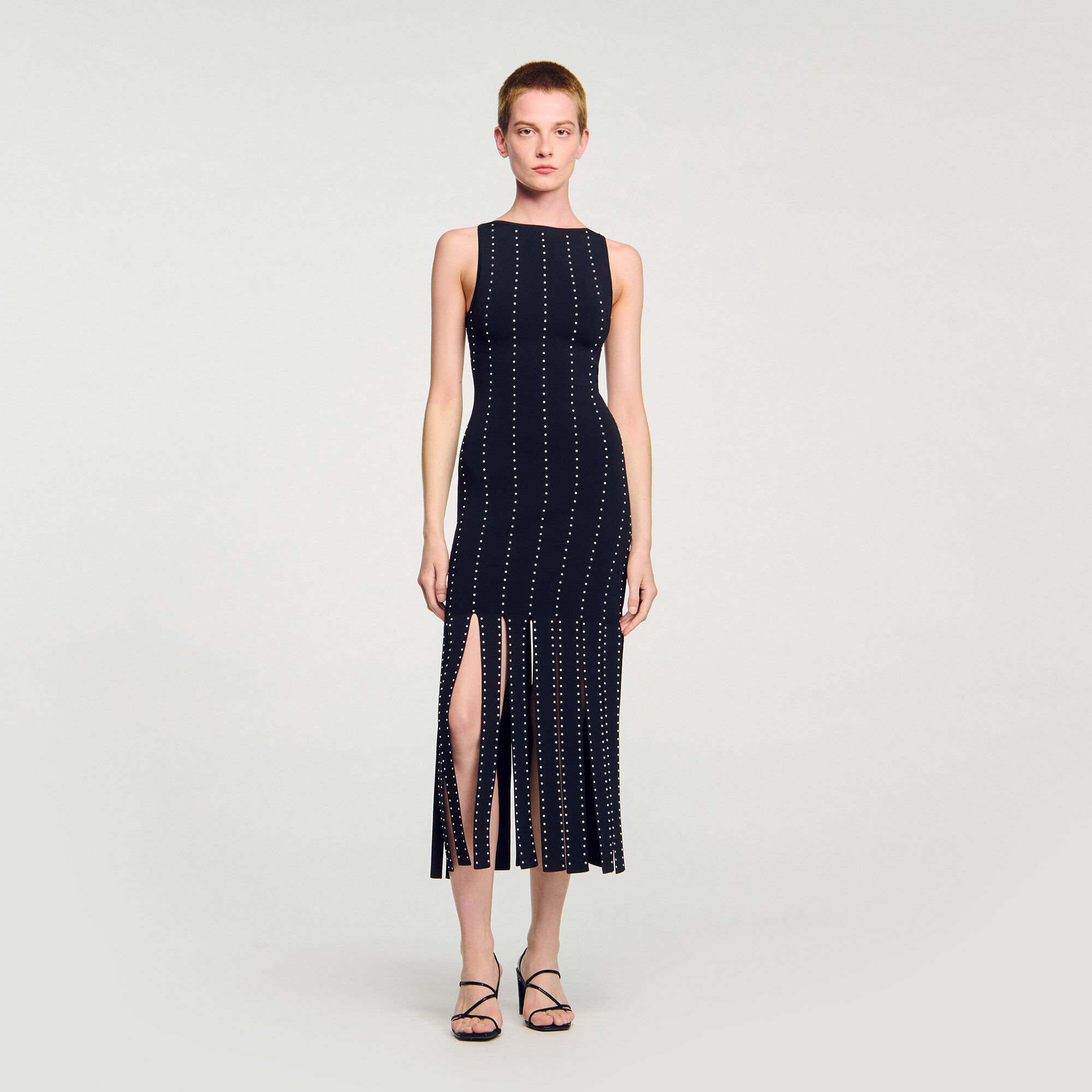 Fringed knit midi dress black / gray For Women | Sandro Paris