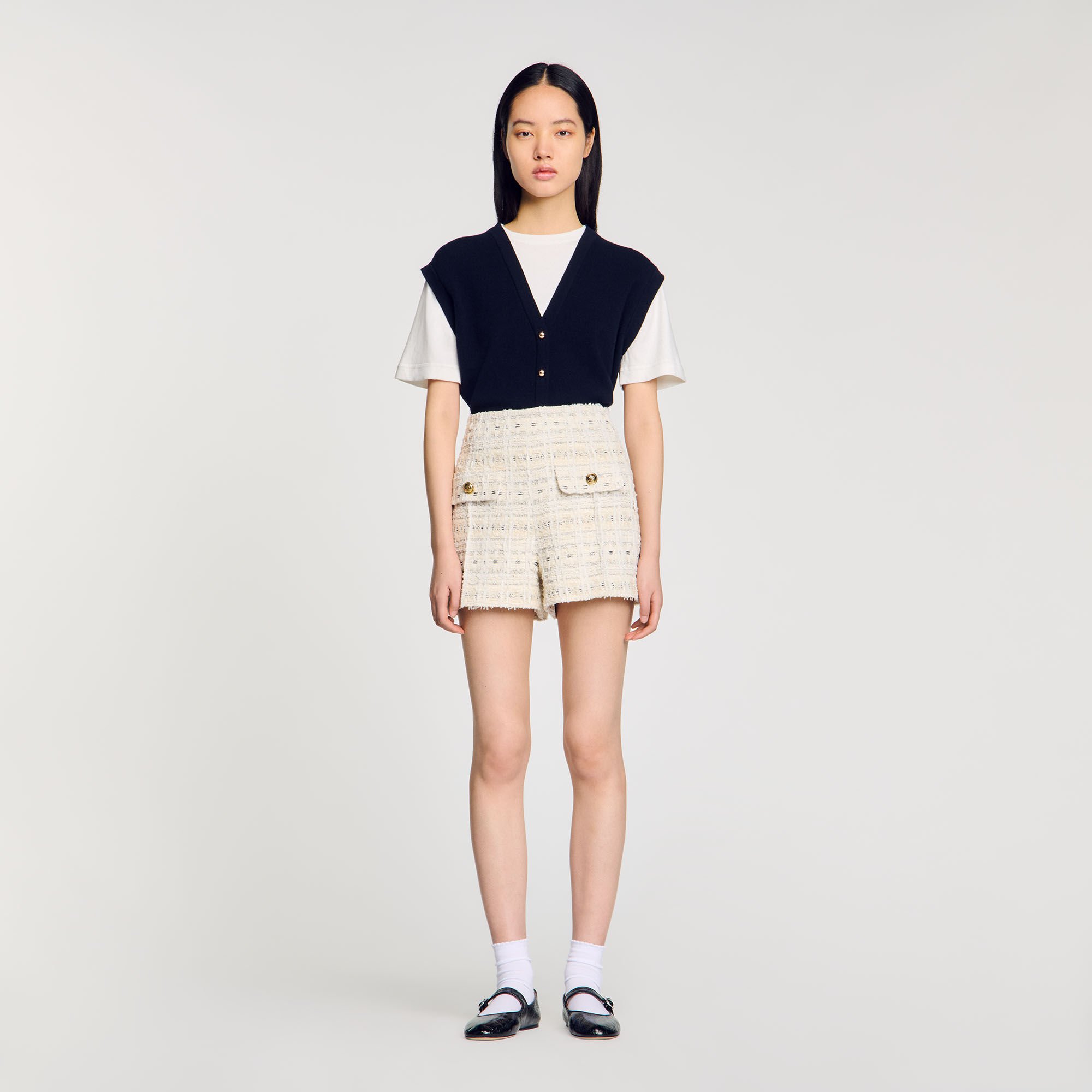 Sandro Tweed Mini Skirt ツイードミニスカート Mini tweed pleated skirt white / beige For Women | Sandro Paris