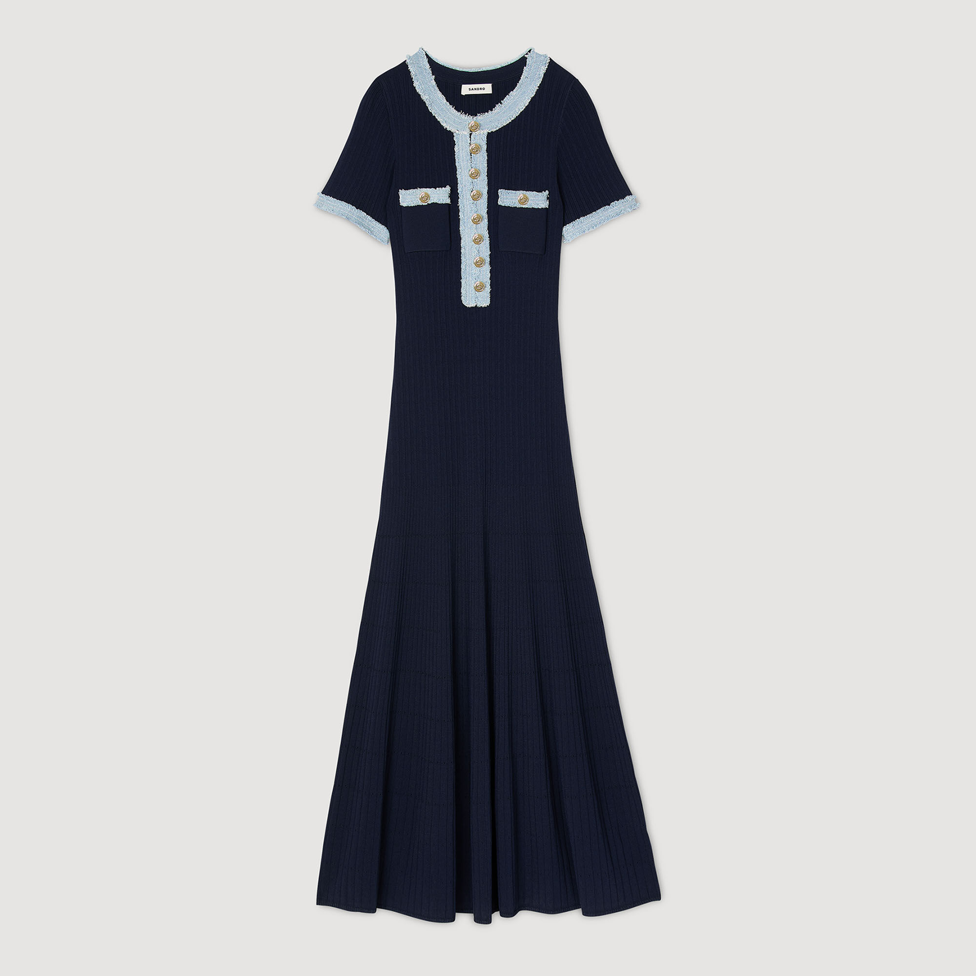 Knit and denim midi dress blue For Women | Sandro Paris