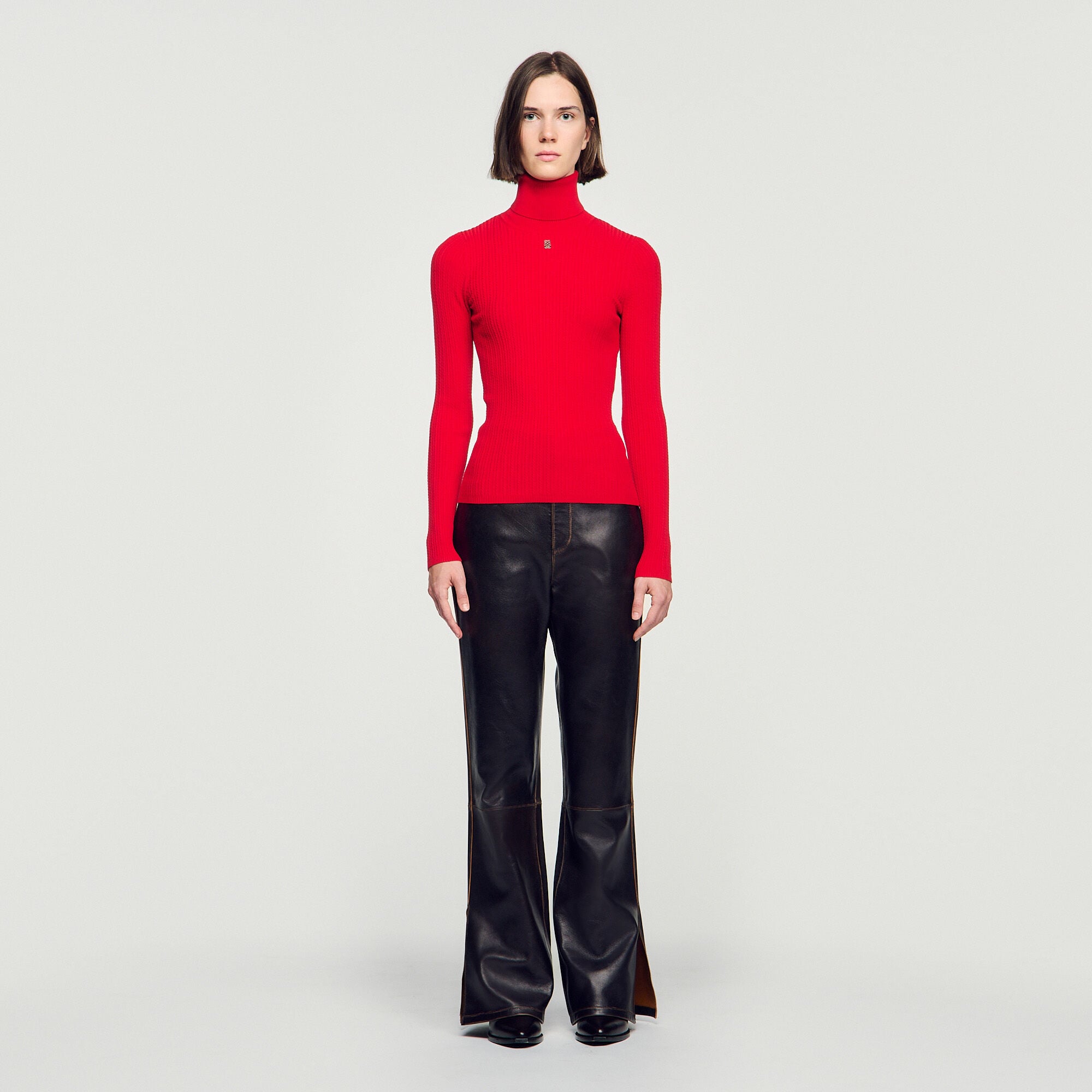 Cable knit turtleneck sweater in Red for Women | Sandro Paris