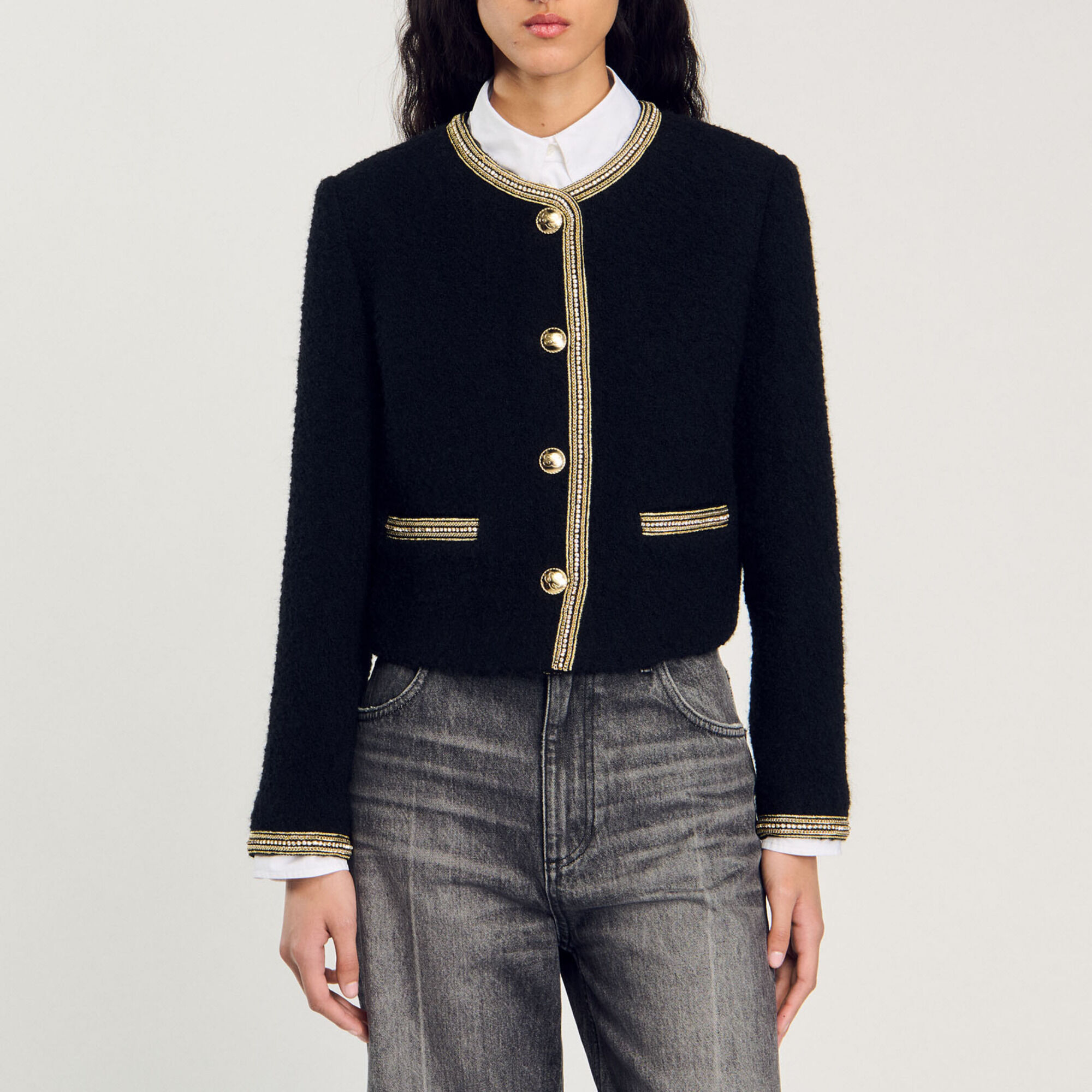 Cropped tweed jacket black / gray For Women | Sandro Paris