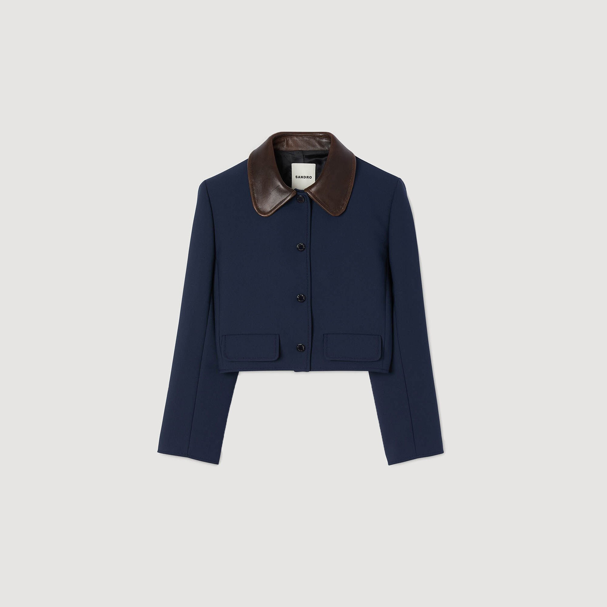 Cropped jacket with leather collar