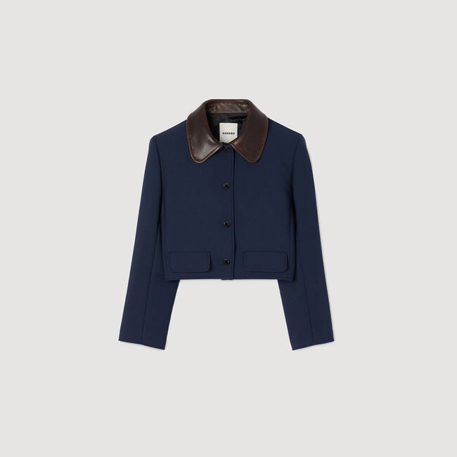 Cropped jacket with leather collar