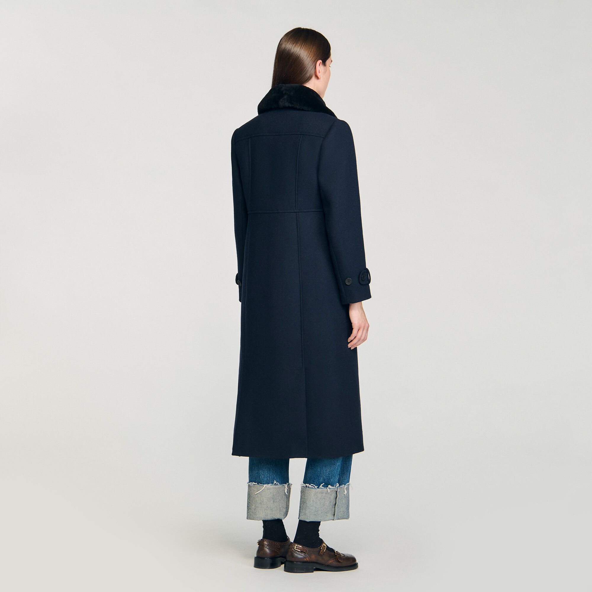 Long coat with removable fur collar