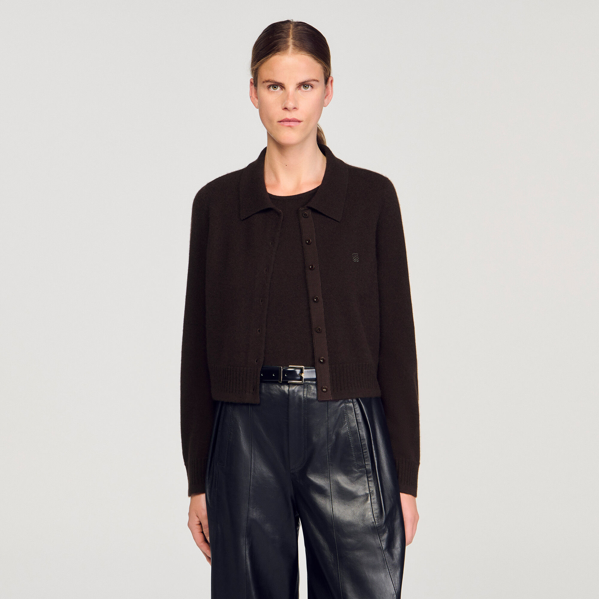 Shirt-collar cardigan brown For Women | Sandro Paris
