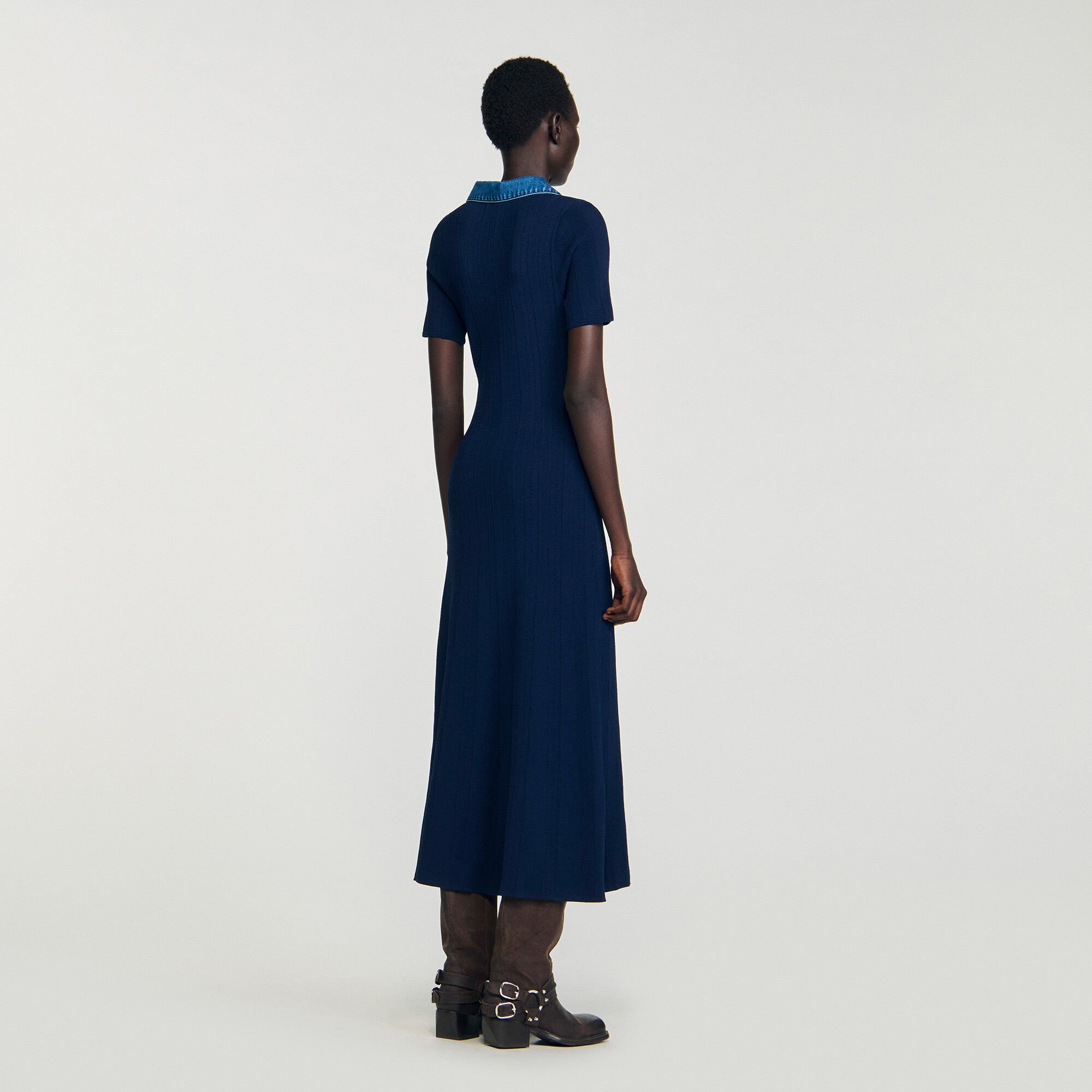 Denim collar knit maxi dress