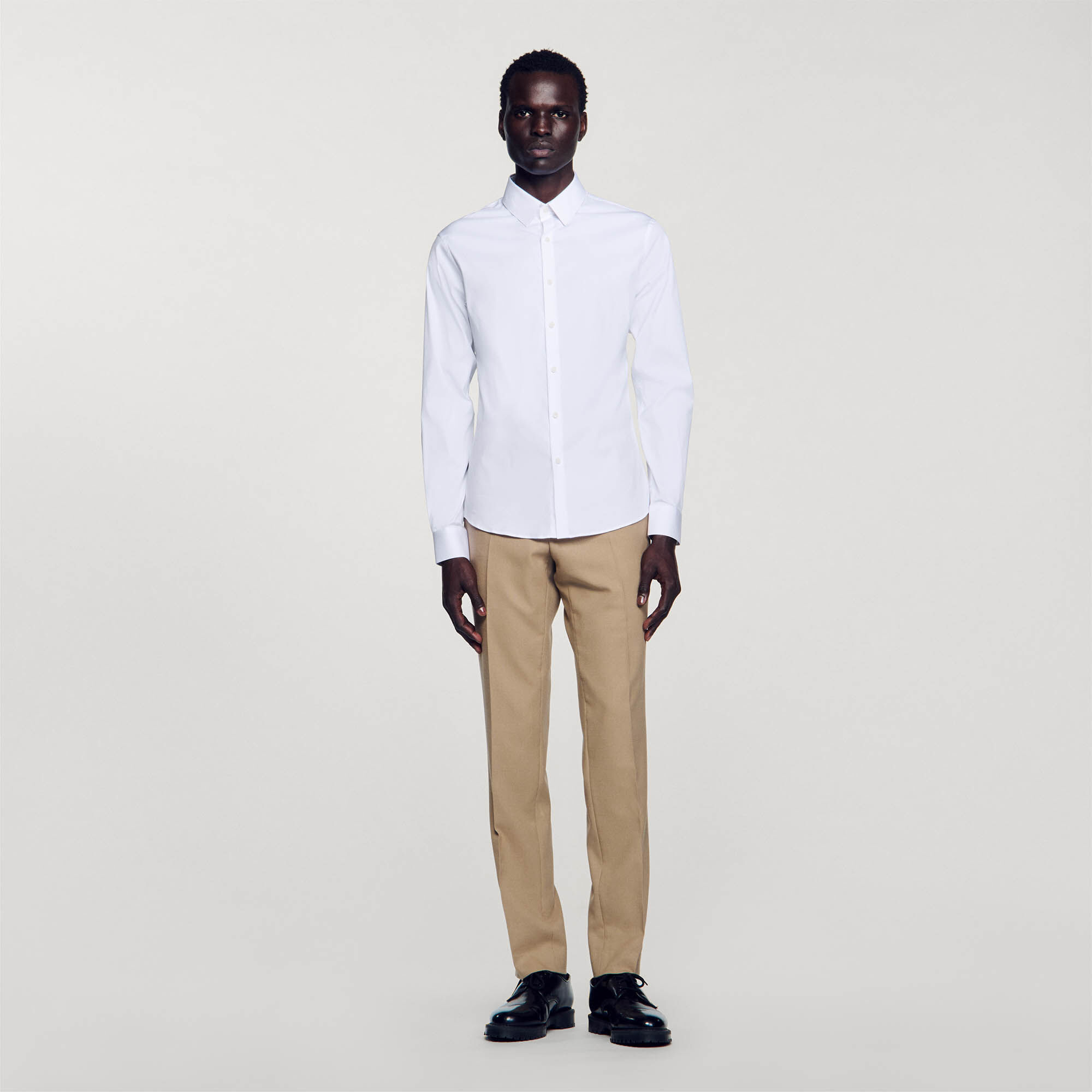 Fitted stretch cotton shirt white / beige for Men | Sandro Paris