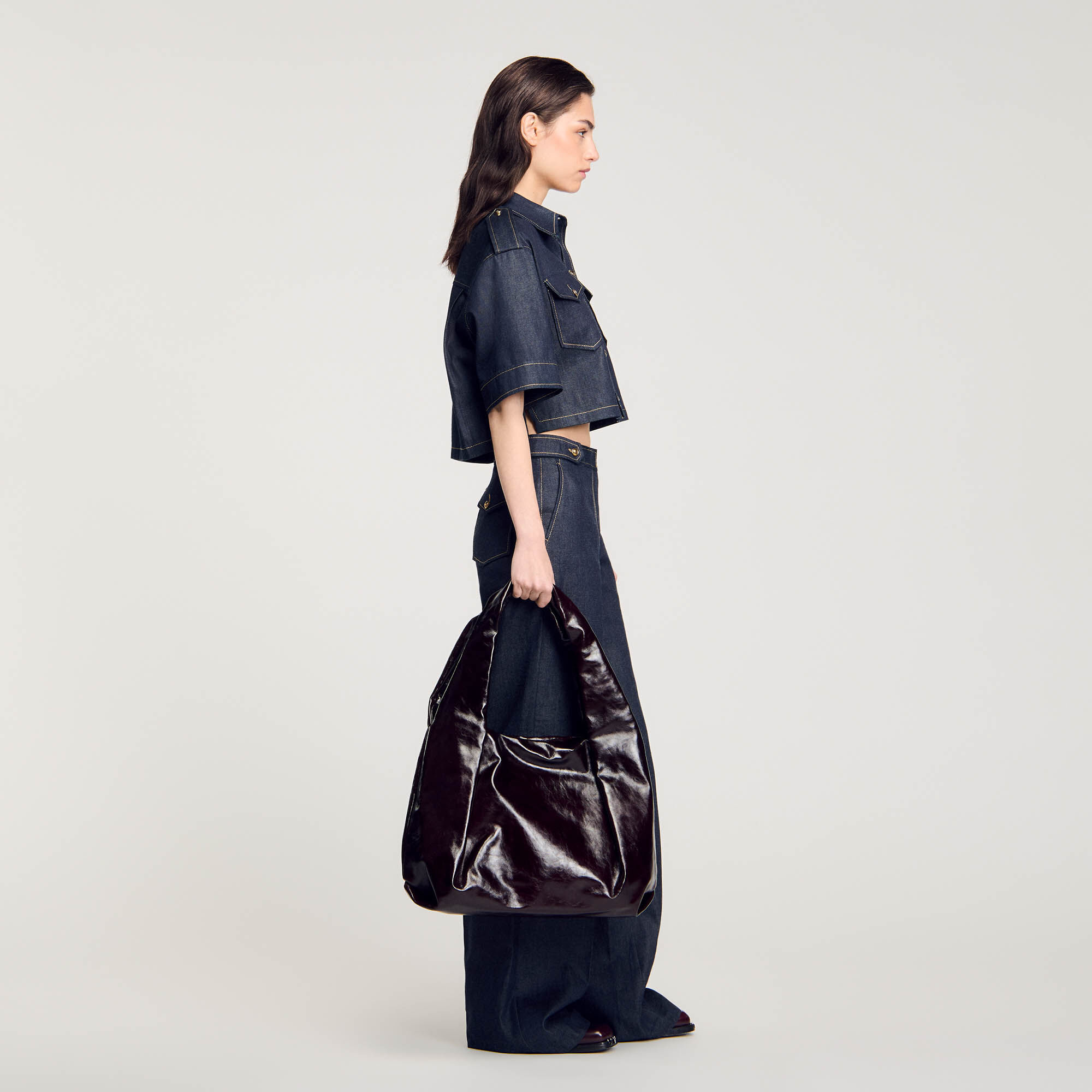 Large shiny leather bag