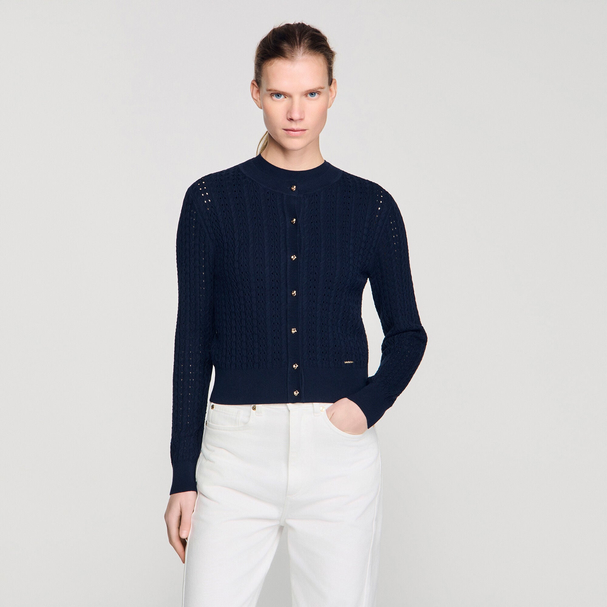 Cropped textured knit cardigan